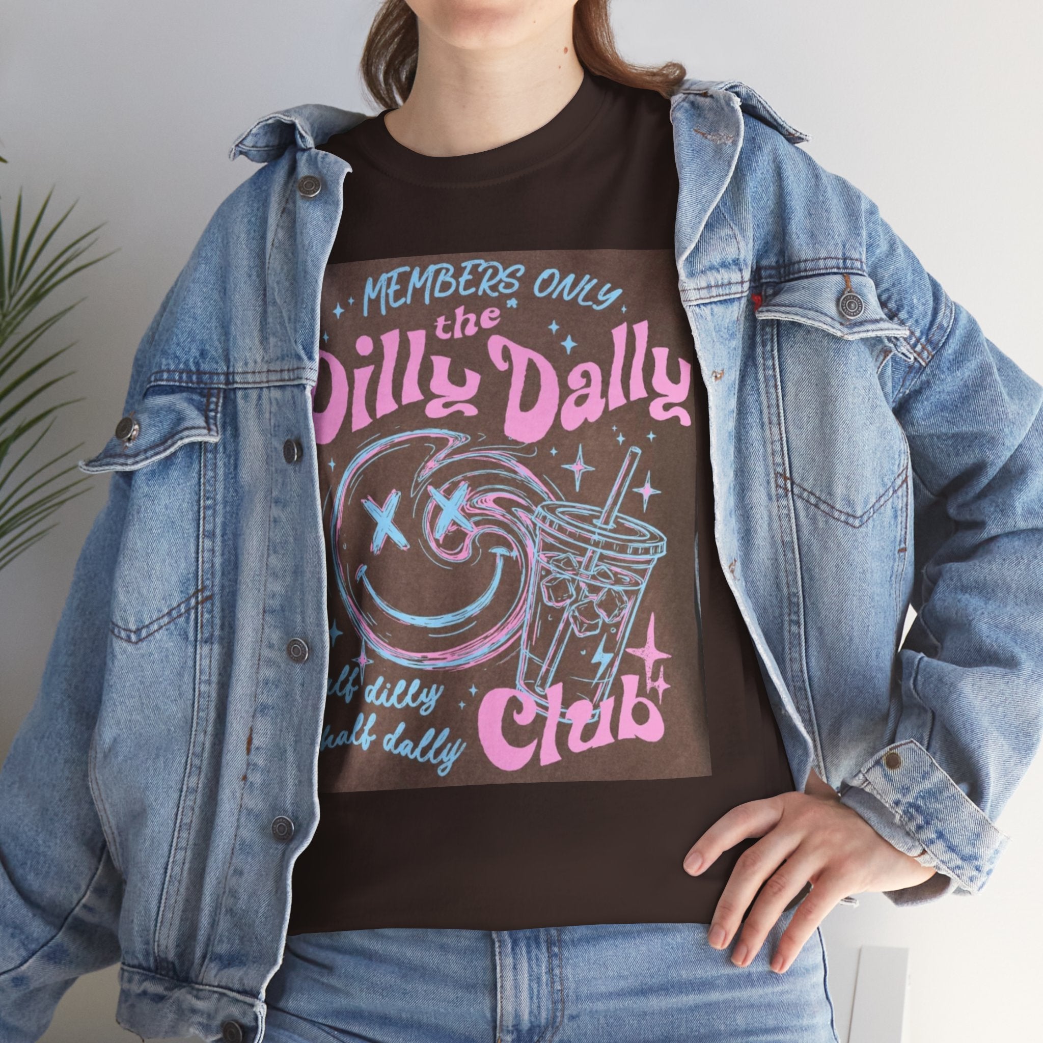 Dilly Dally Club Graphic Tee — Retro Pastel Drink & Moon Design