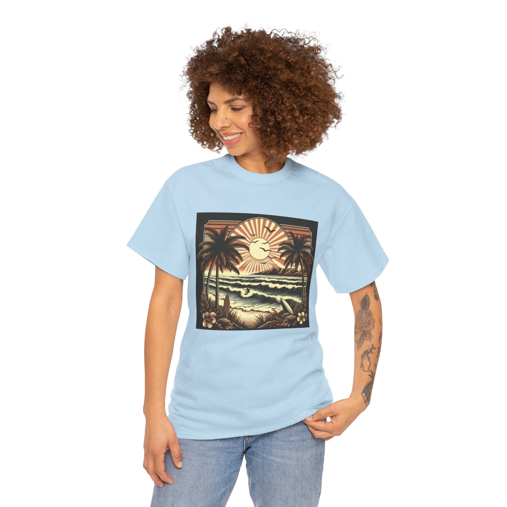 Retro Tropical Beach T-Shirt — Vintage Palm Sunset Graphic Tee