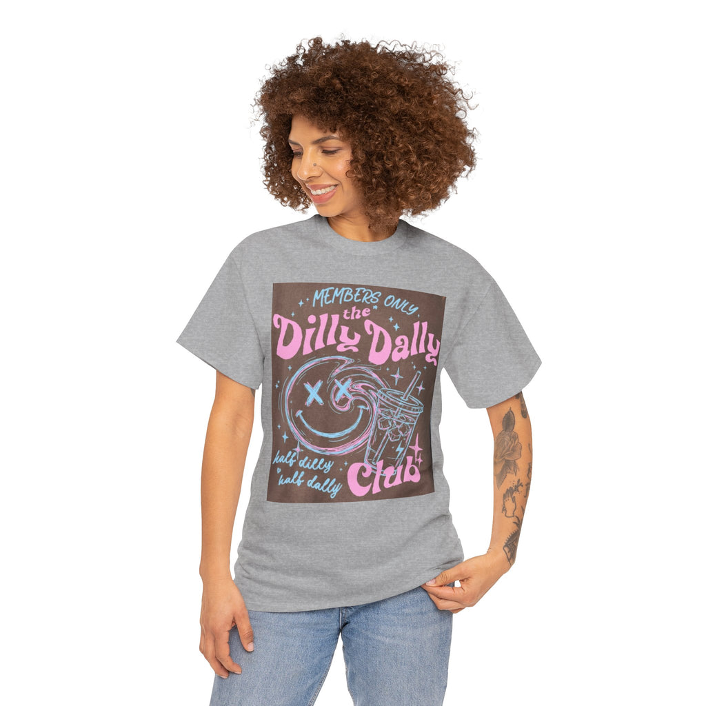 Dilly Dally Club Graphic Tee — Retro Pastel Drink & Moon Design