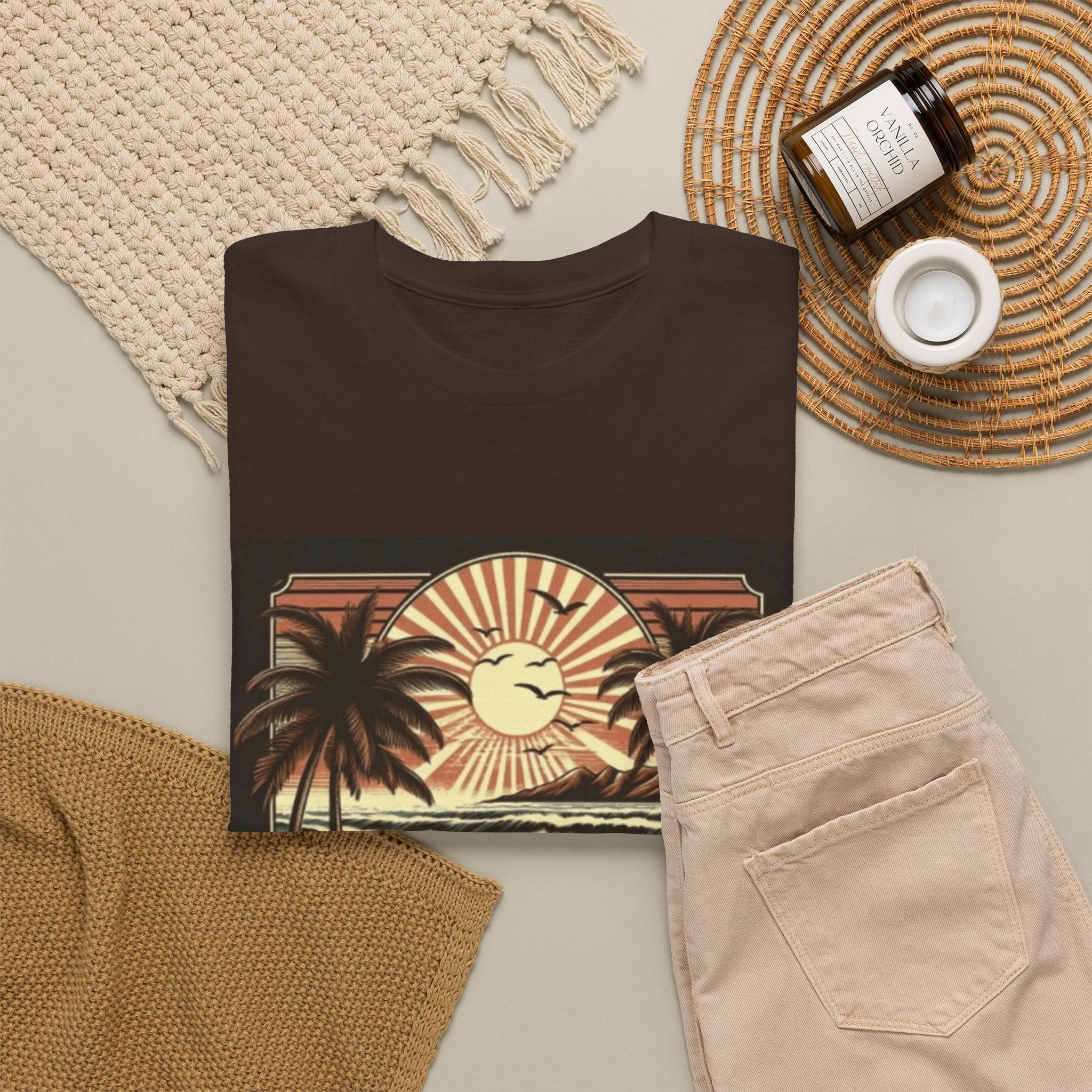 Retro Tropical Beach T-Shirt — Vintage Palm Sunset Graphic Tee