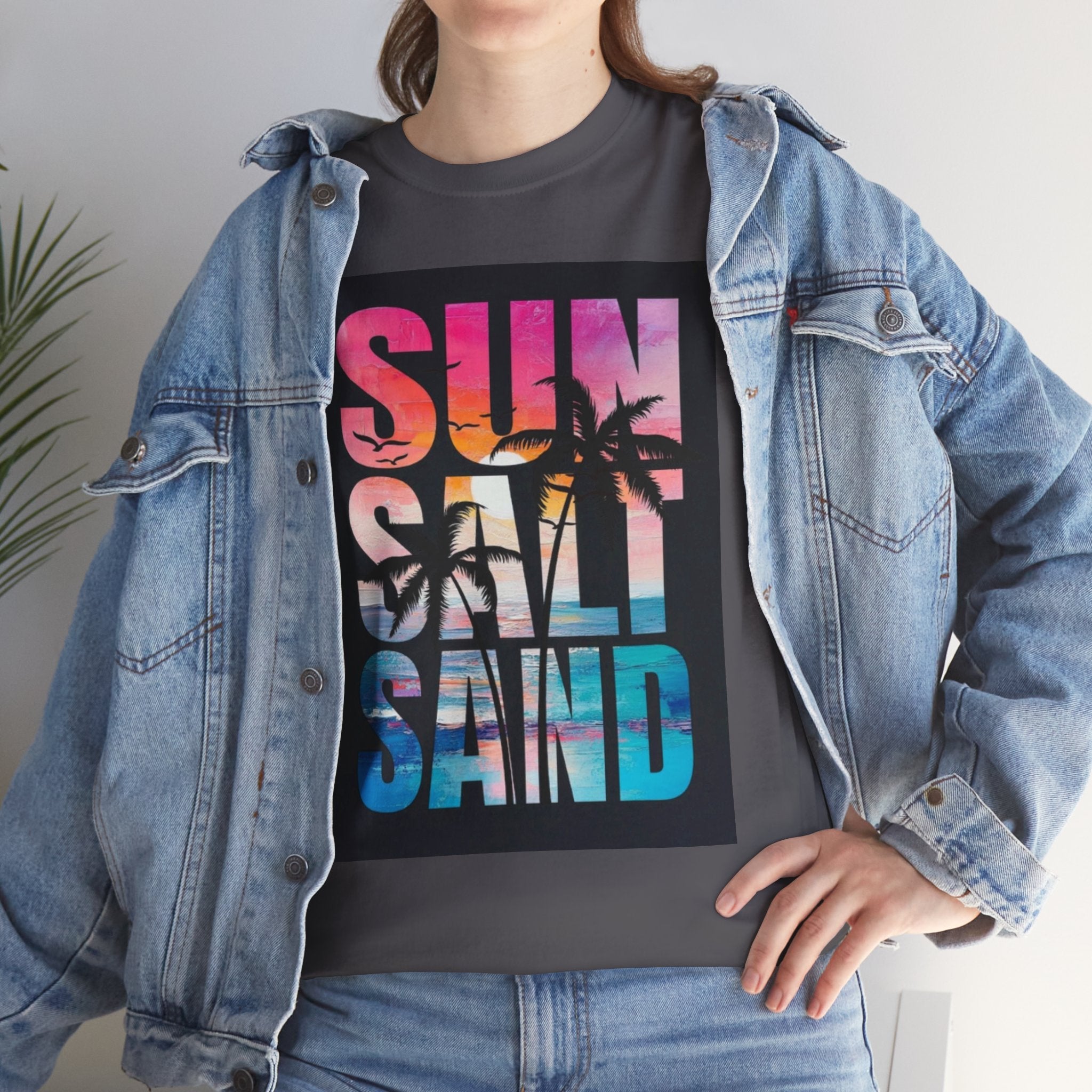 Sun Salt Sand Beach T-Shirt — Tropical Palm Sunset Graphic Tee
