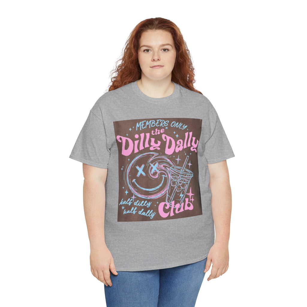 Dilly Dally Club Graphic Tee — Retro Pastel Drink & Moon Design