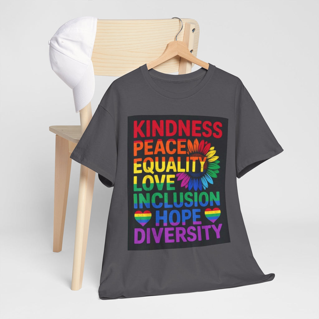 Kindness Peace Equality Rainbow T-Shirt — Pride Inclusion & Diversity Tee