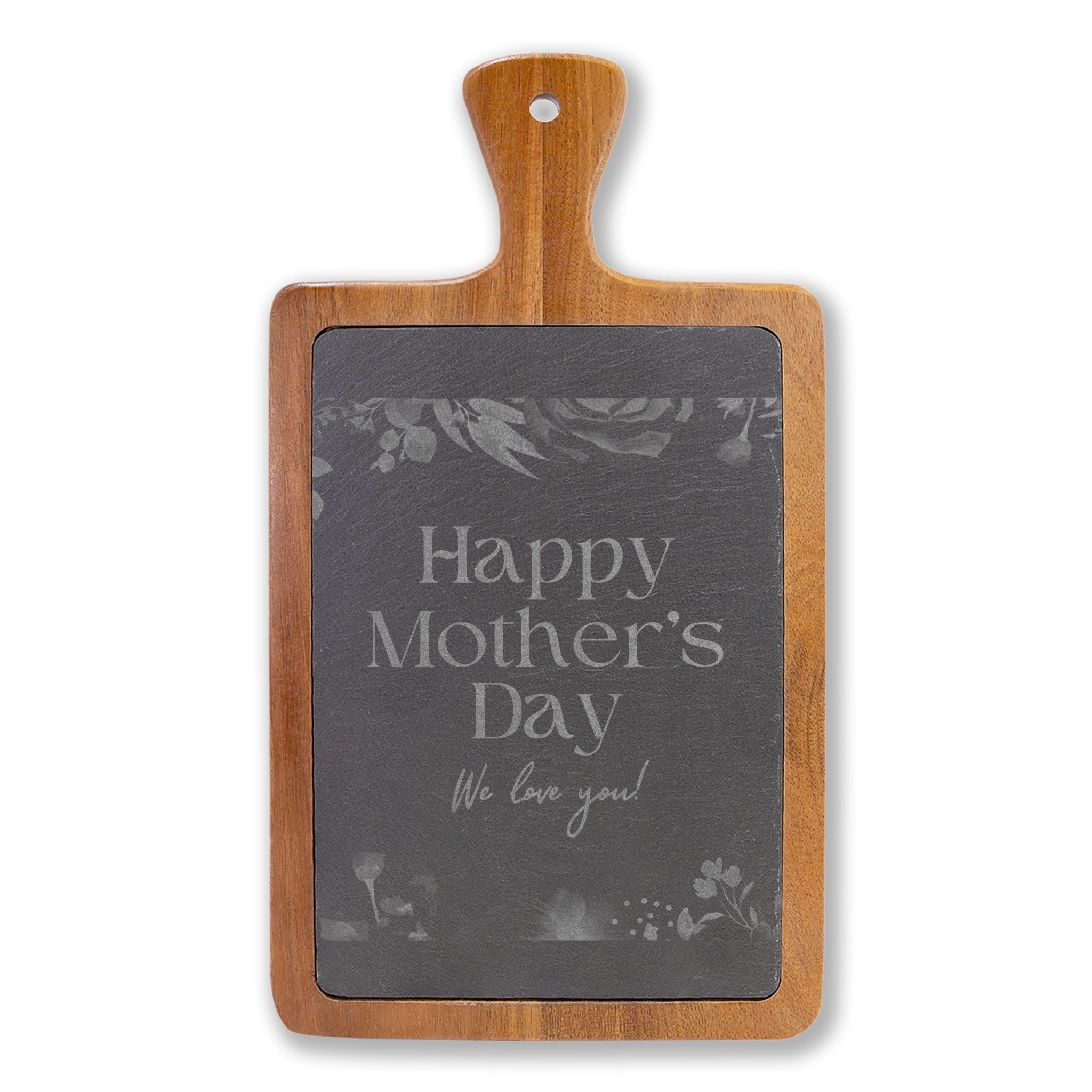 Engraved Mother's Day Charcuterie Board Set — Bamboo Cheese Board with Slate Inlay & Cheese Knives
