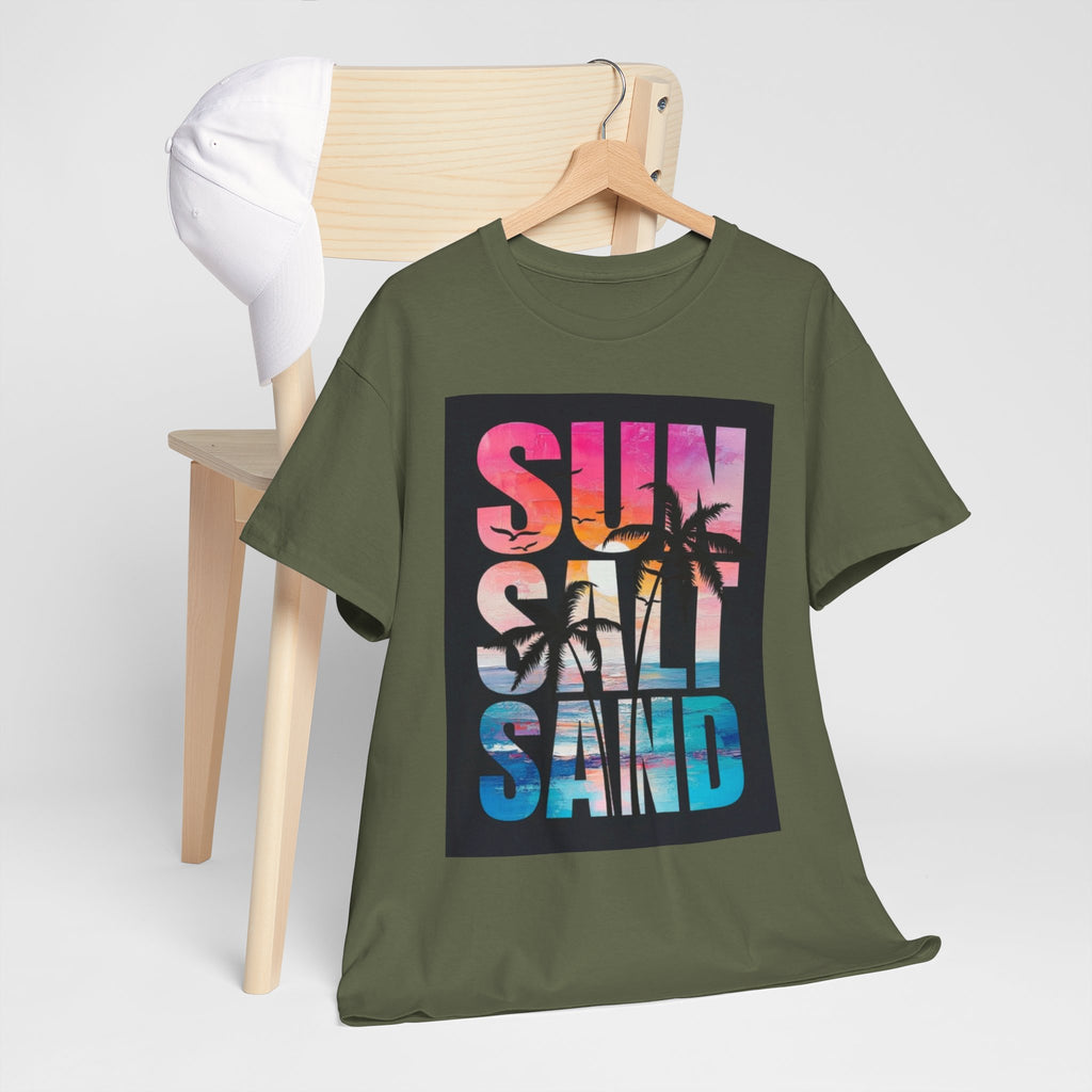 Sun Salt Sand Beach T-Shirt — Tropical Palm Sunset Graphic Tee