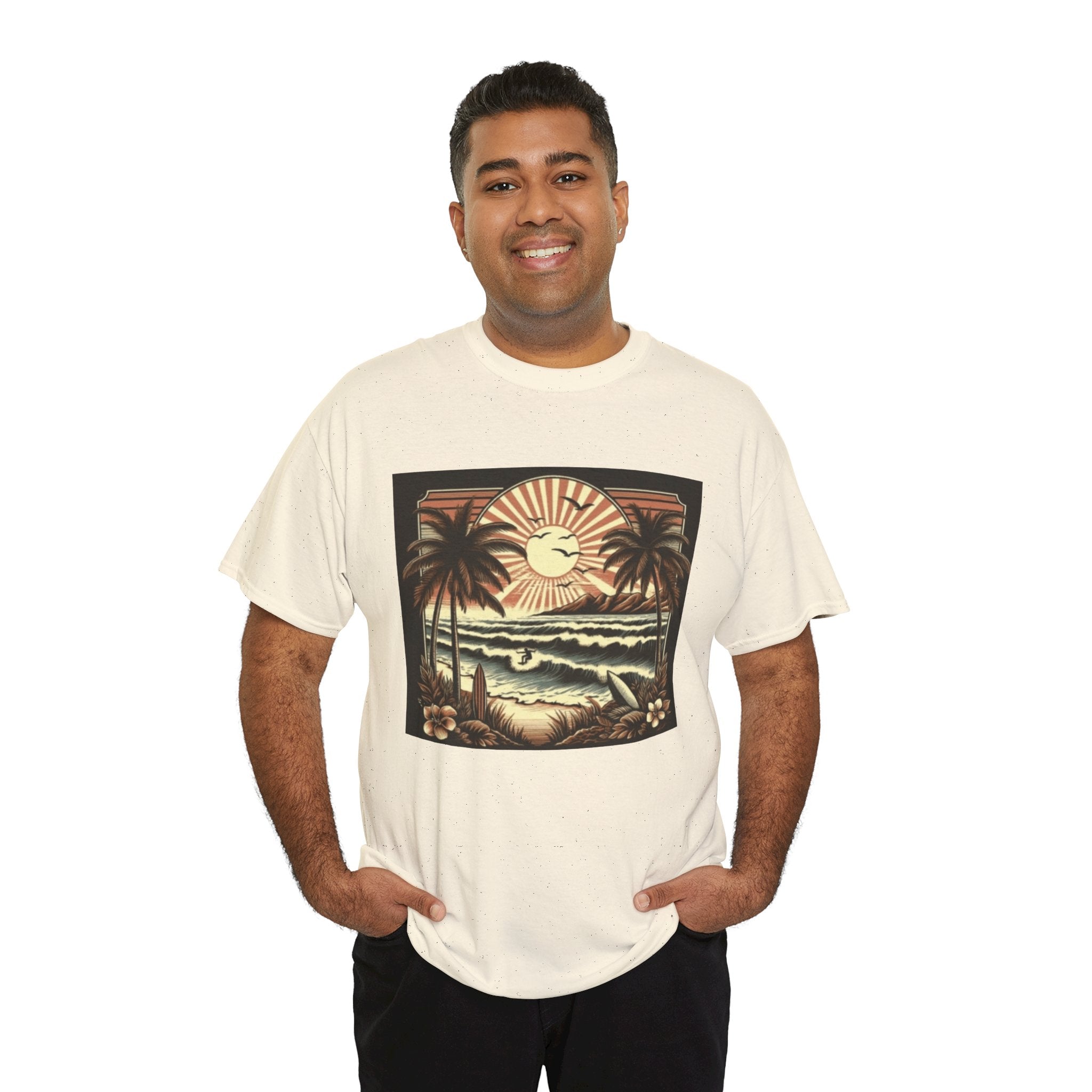 Retro Tropical Beach T-Shirt — Vintage Palm Sunset Graphic Tee