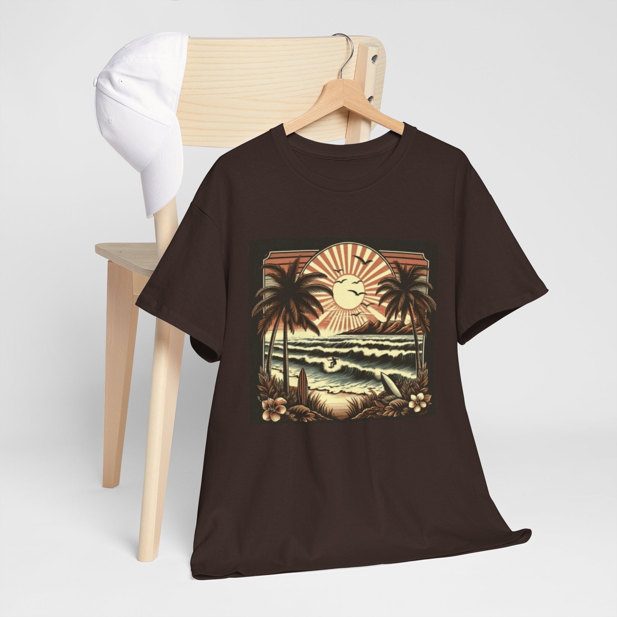 Retro Tropical Beach T-Shirt — Vintage Palm Sunset Graphic Tee