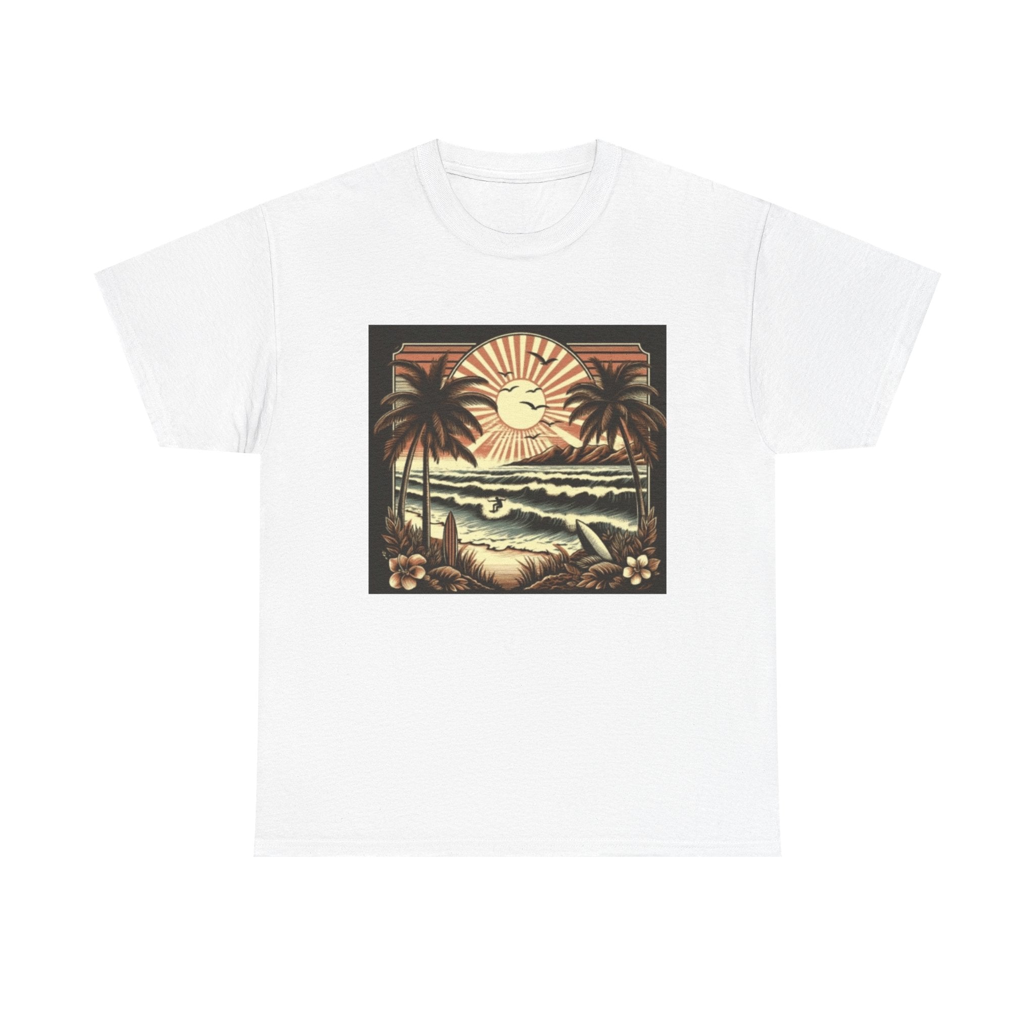 Retro Tropical Beach T-Shirt — Vintage Palm Sunset Graphic Tee