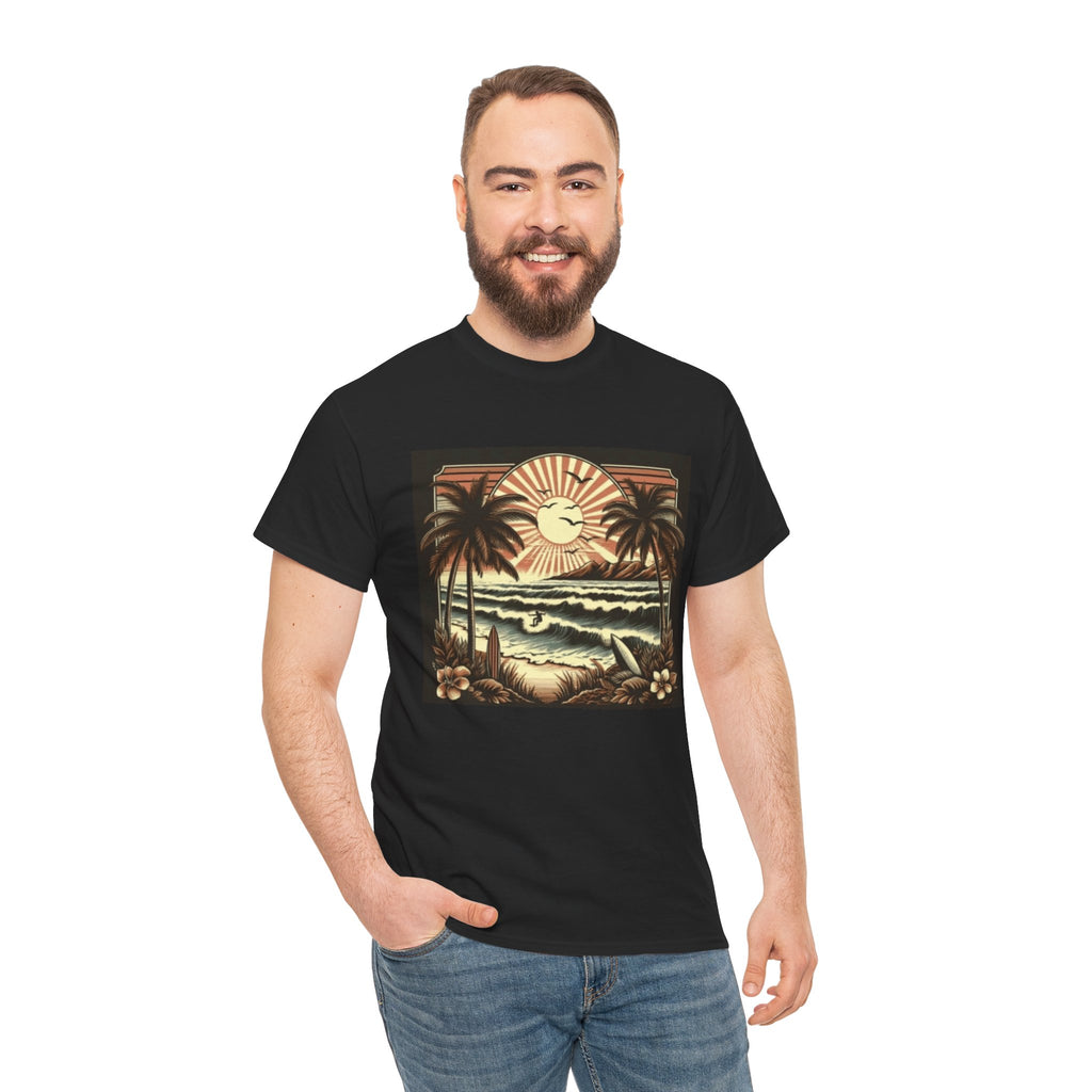 Retro Tropical Beach T-Shirt — Vintage Palm Sunset Graphic Tee