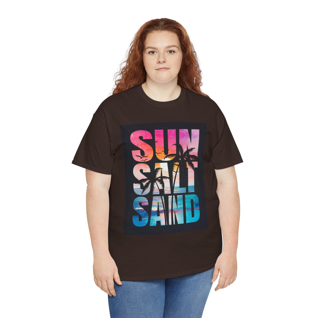 Sun Salt Sand Beach T-Shirt — Tropical Palm Sunset Graphic Tee