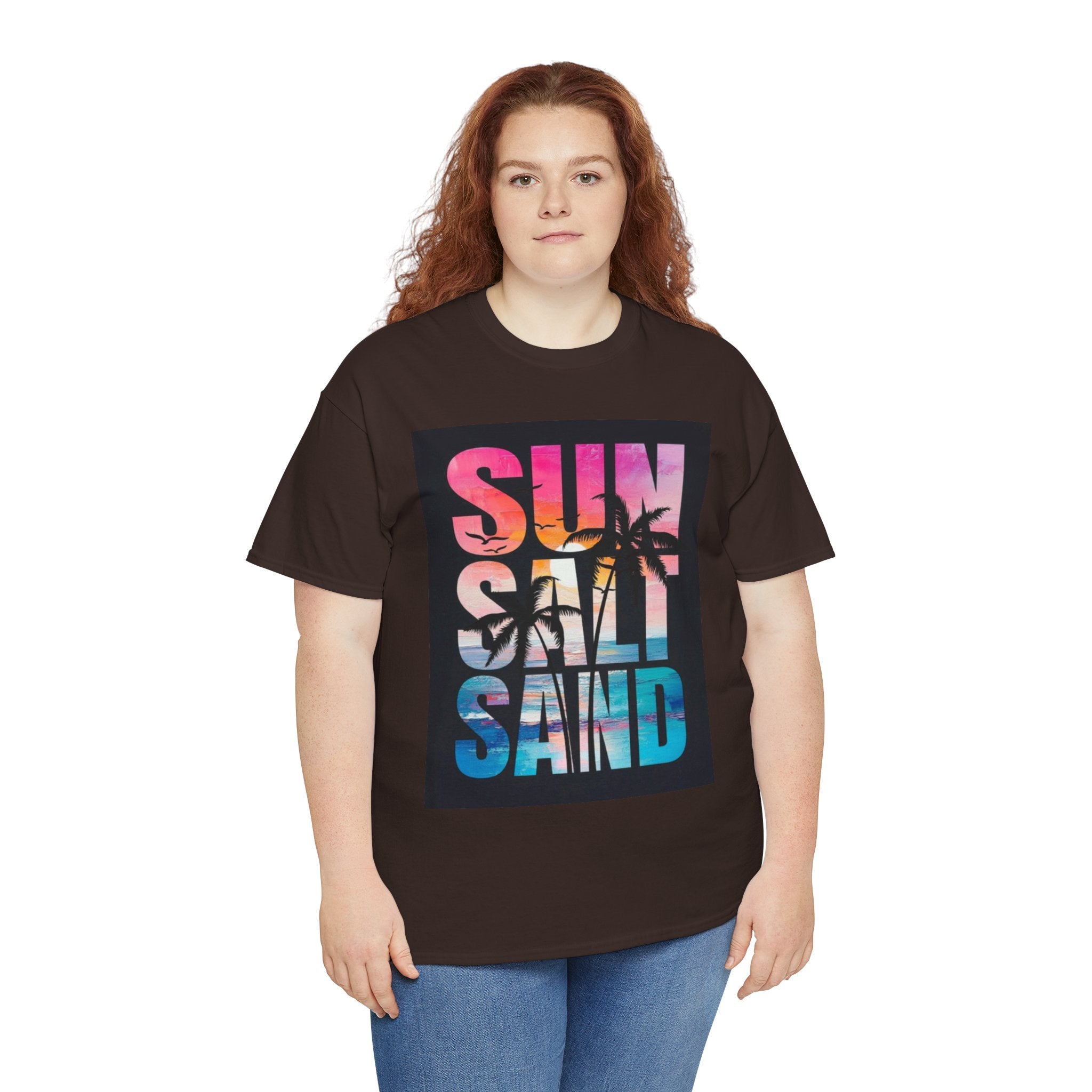 Sun Salt Sand Beach T-Shirt — Tropical Palm Sunset Graphic Tee