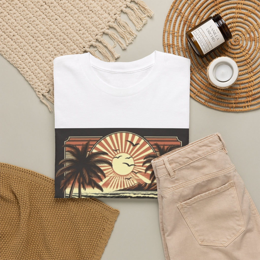 Retro Tropical Beach T-Shirt — Vintage Palm Sunset Graphic Tee