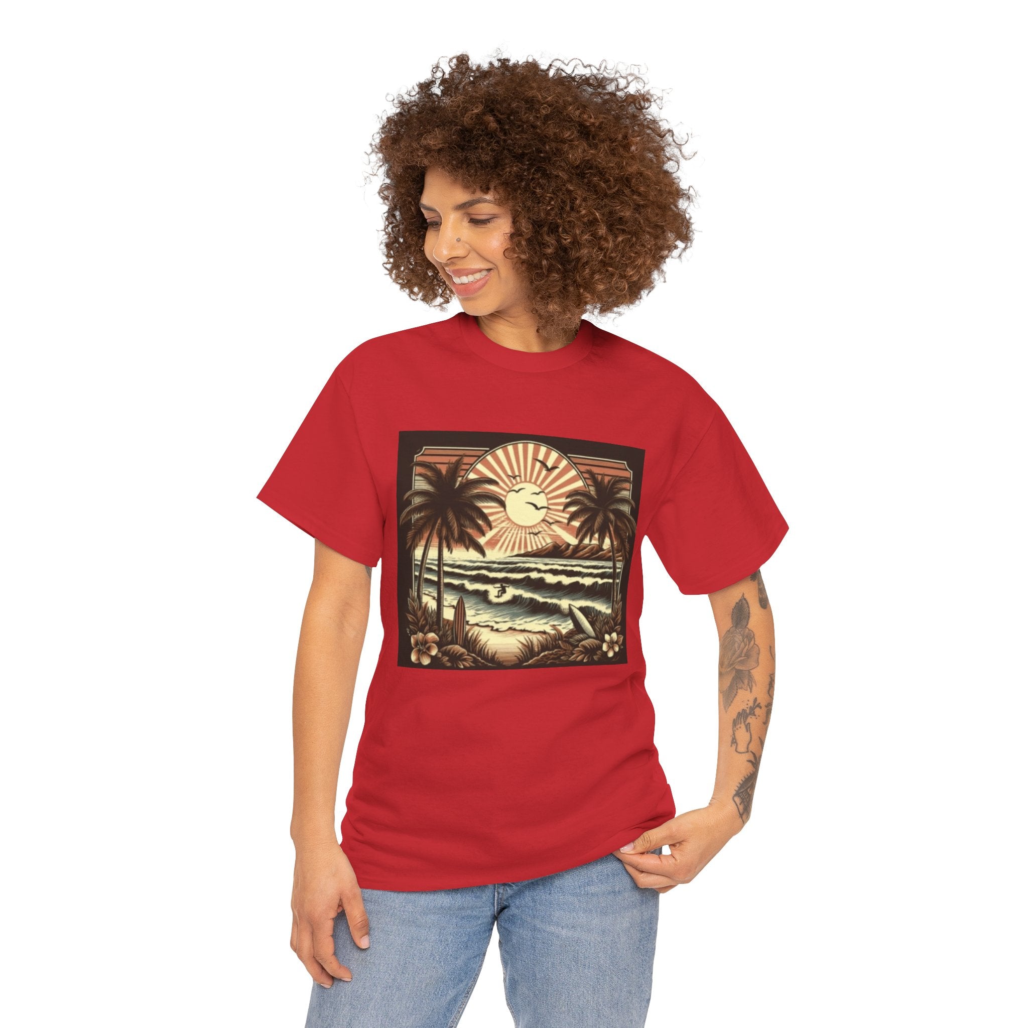 Retro Tropical Beach T-Shirt — Vintage Palm Sunset Graphic Tee
