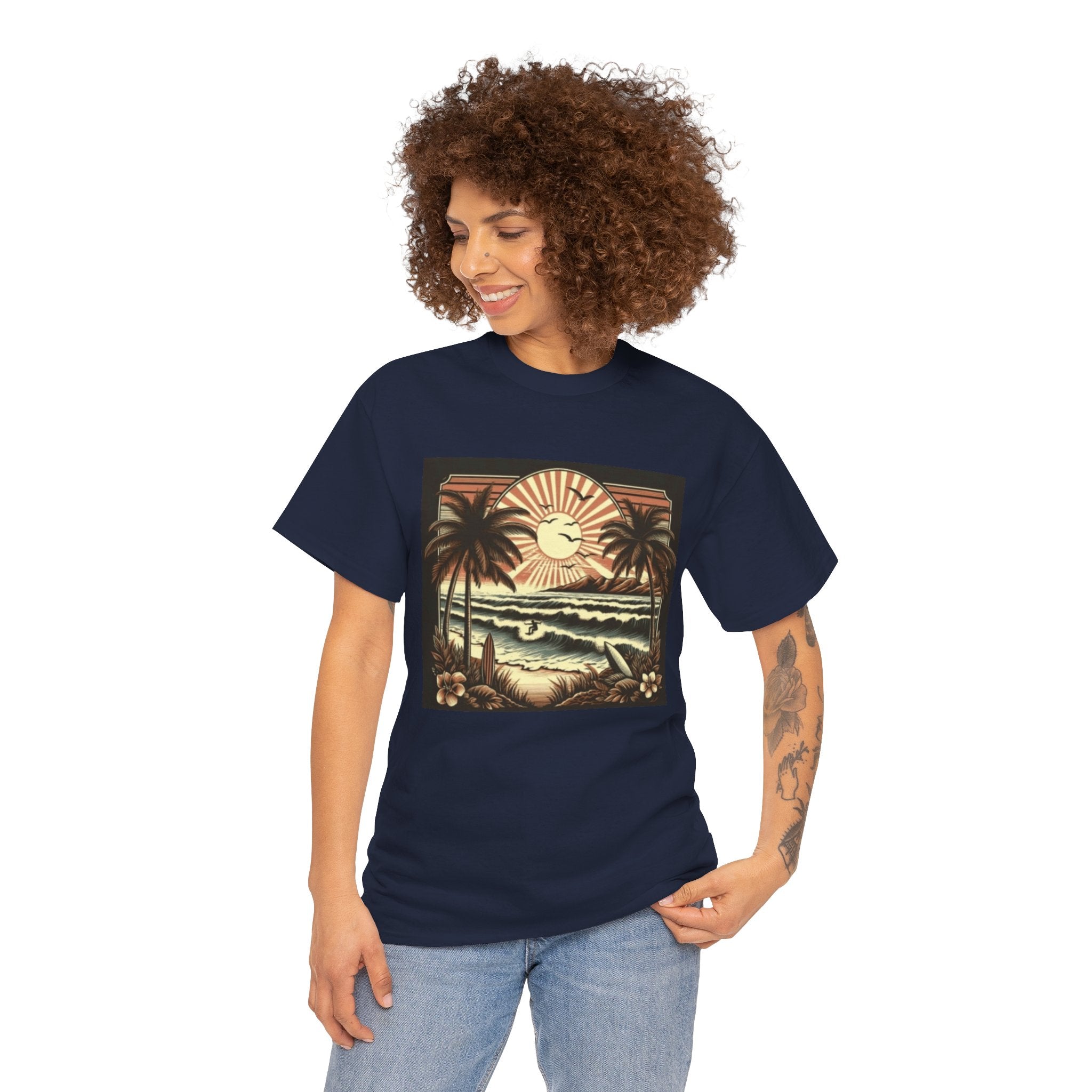 Retro Tropical Beach T-Shirt — Vintage Palm Sunset Graphic Tee