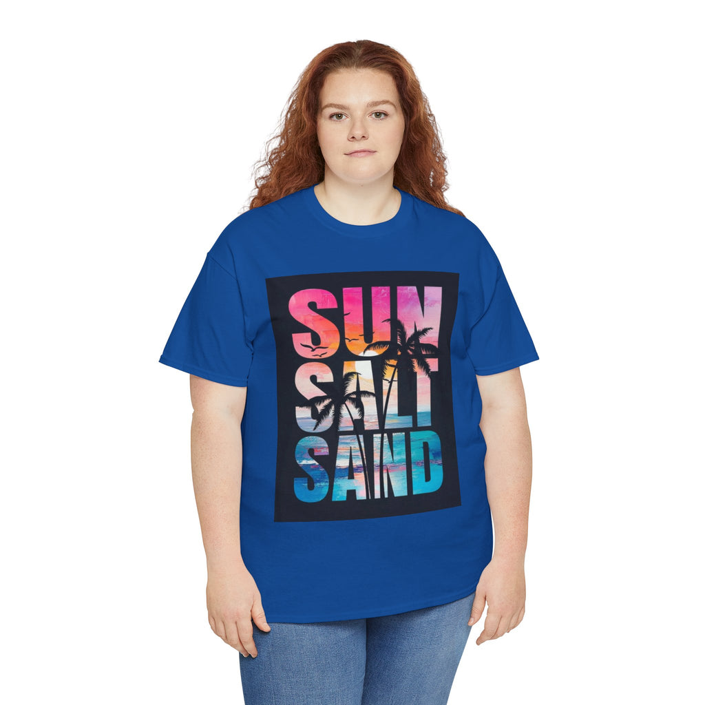 Sun Salt Sand Beach T-Shirt — Tropical Palm Sunset Graphic Tee
