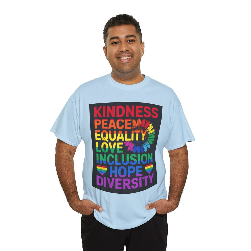 Kindness Peace Equality Rainbow T-Shirt — Pride Inclusion & Diversity Tee