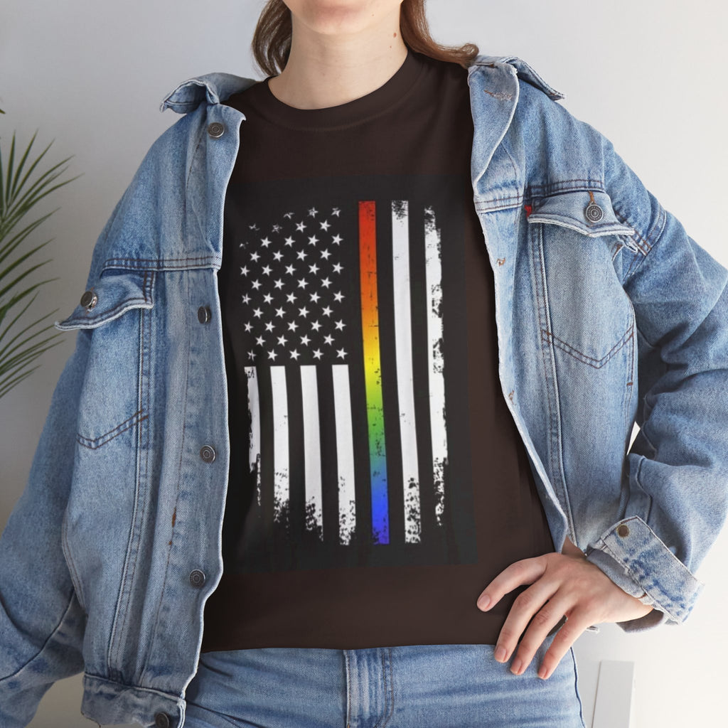 LGBTQ+ Pride Flag T‑Shirt — Distressed American Flag with Rainbow Stripe