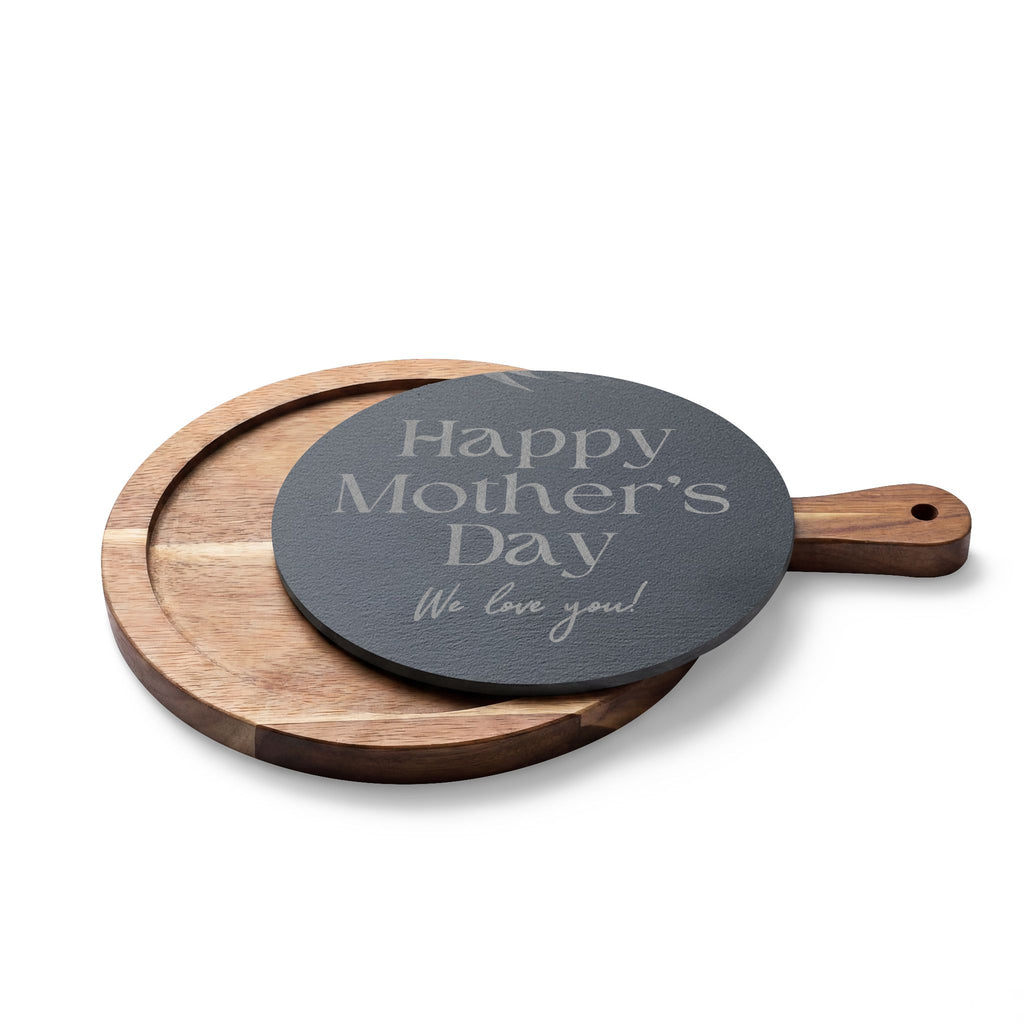 Engraved Mother's Day Charcuterie Board Set — Bamboo Cheese Board with Slate Inlay & Cheese Knives