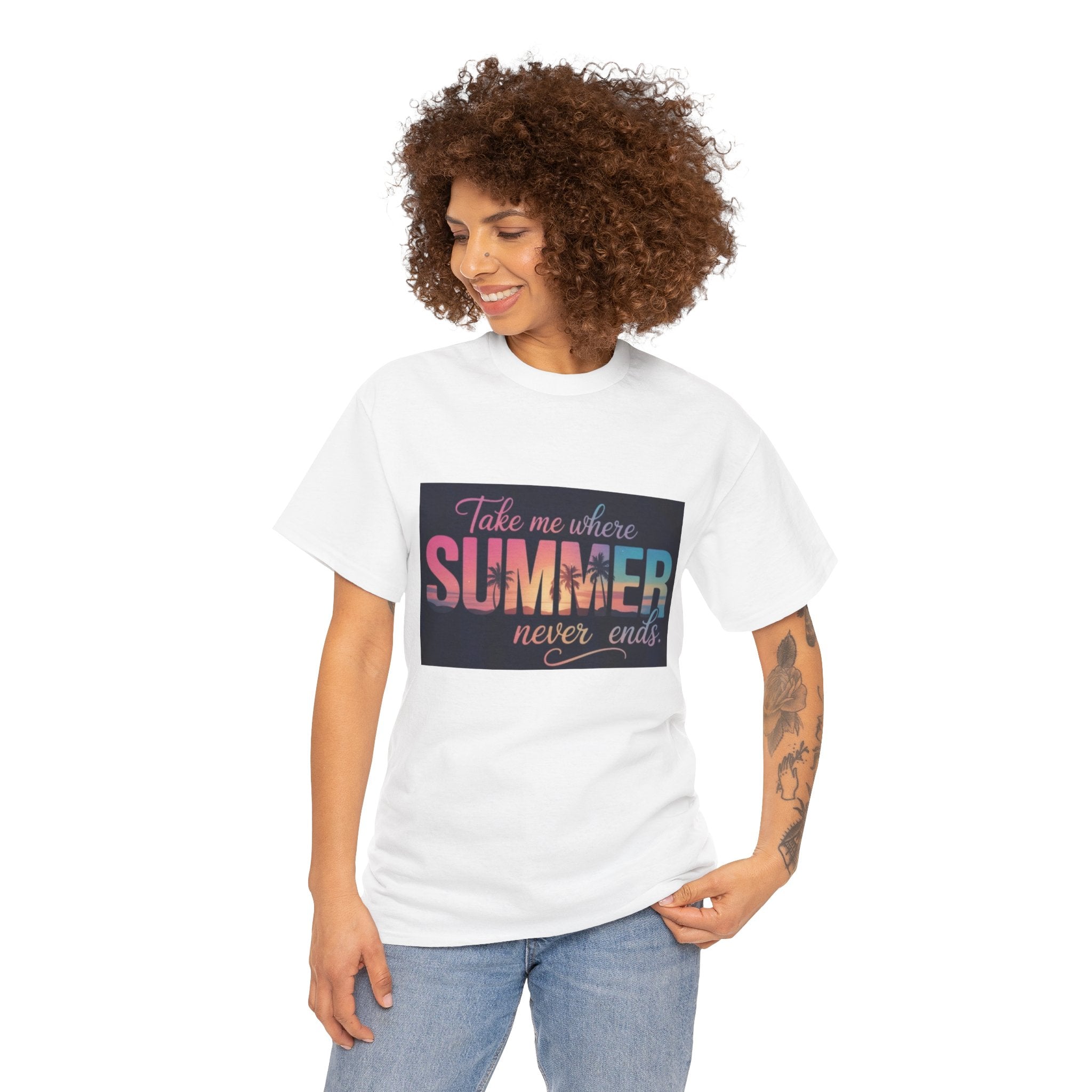 T-Shirt — "Take Me Where Summer Never Ends" Retro Beach Vibes