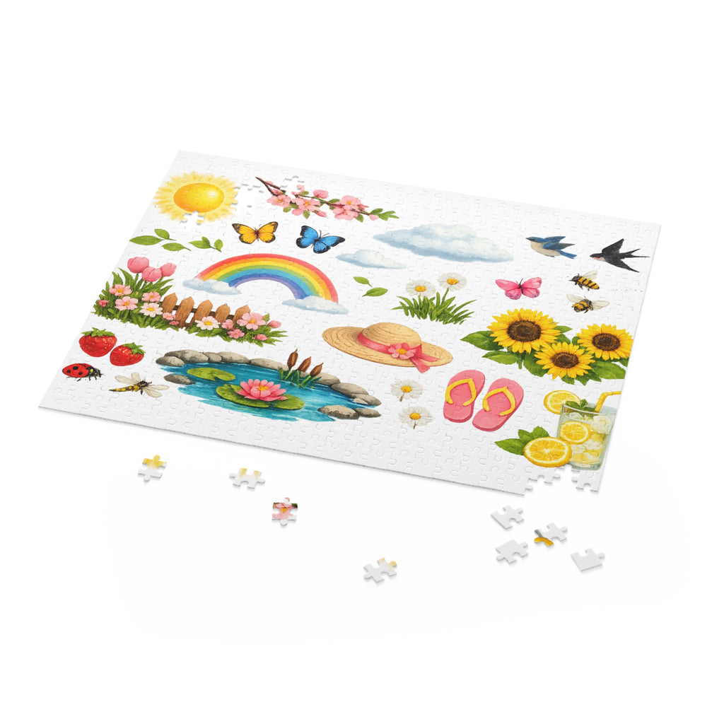 Springtime Sticker Puzzle — 120/252/500-Piece Jigsaw with Rainbow, Sunflowers & Garden Icons