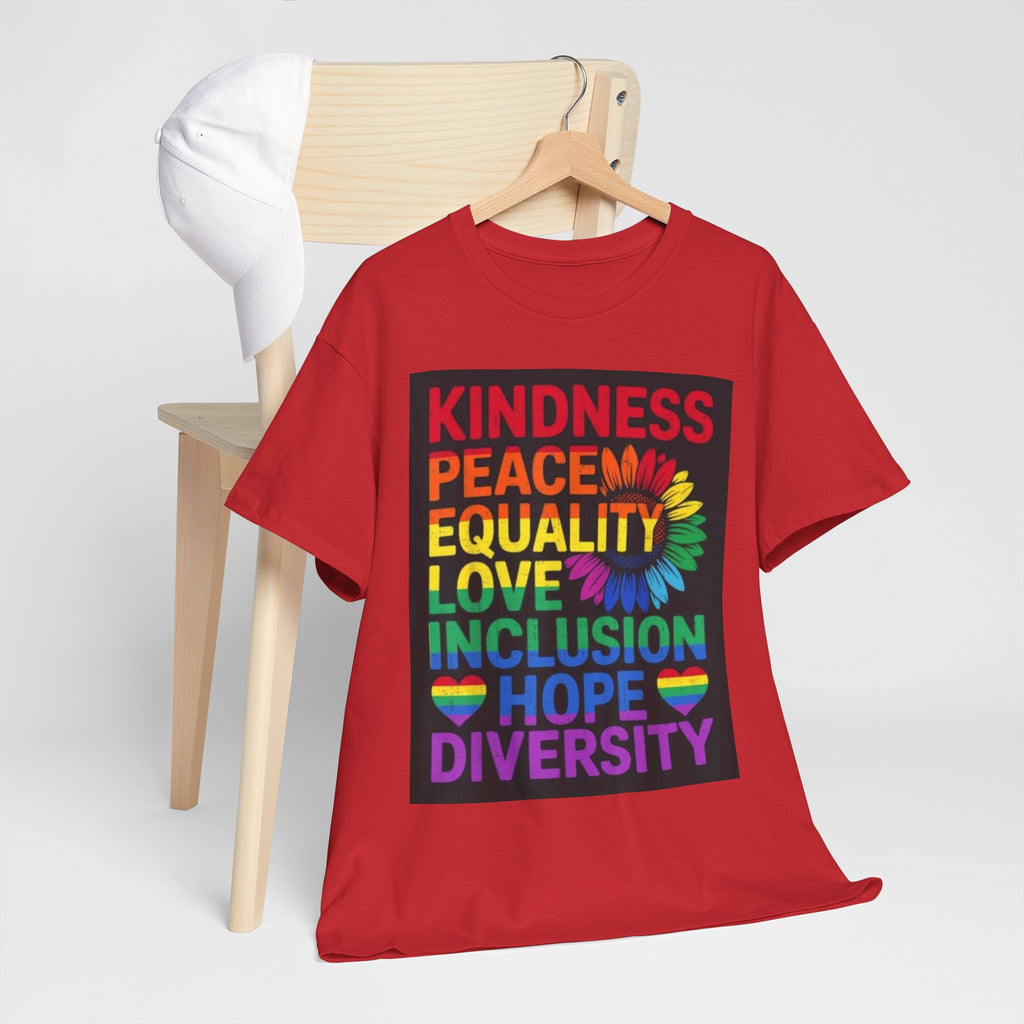 Kindness Peace Equality Rainbow T-Shirt — Pride Inclusion & Diversity Tee