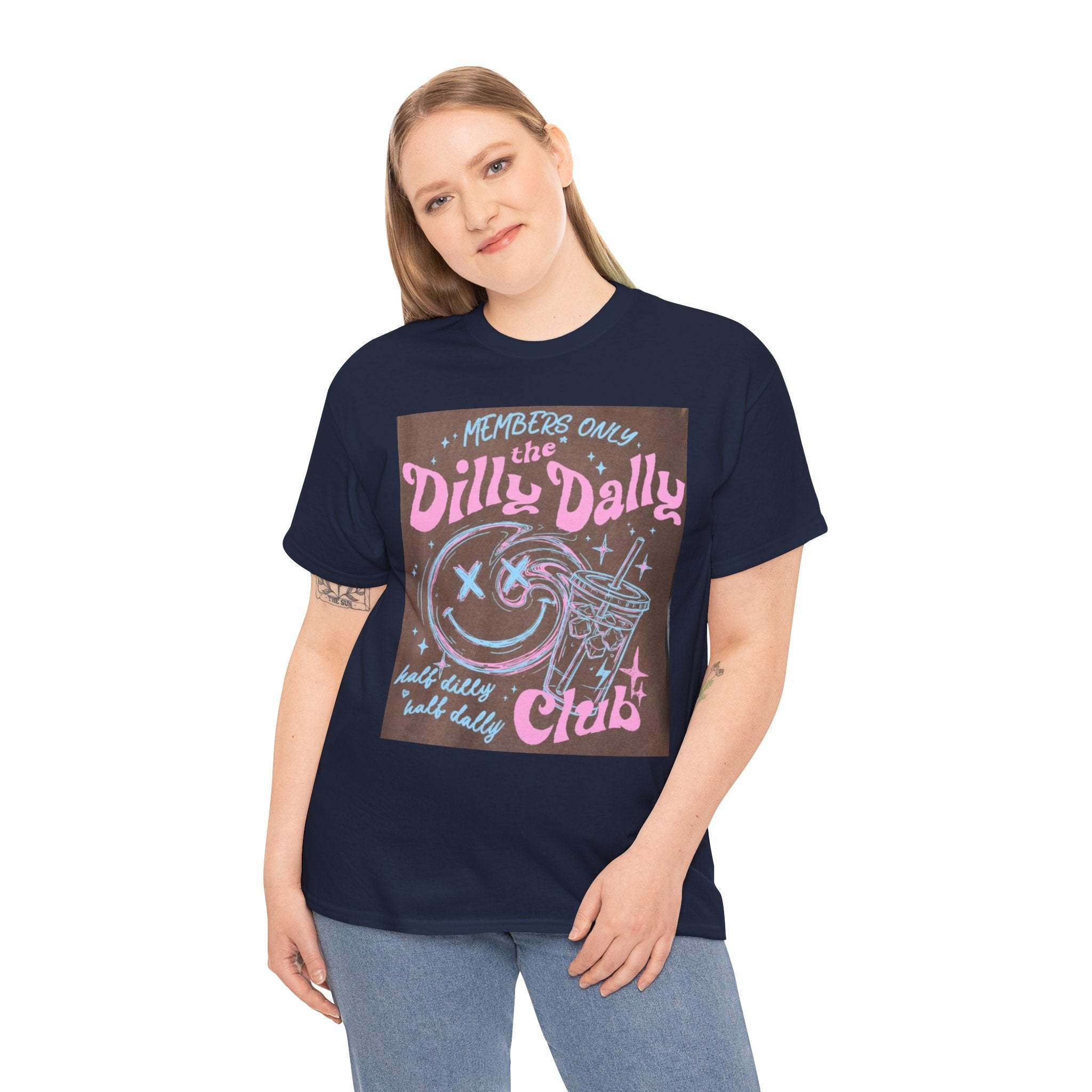 Dilly Dally Club Graphic Tee — Retro Pastel Drink & Moon Design