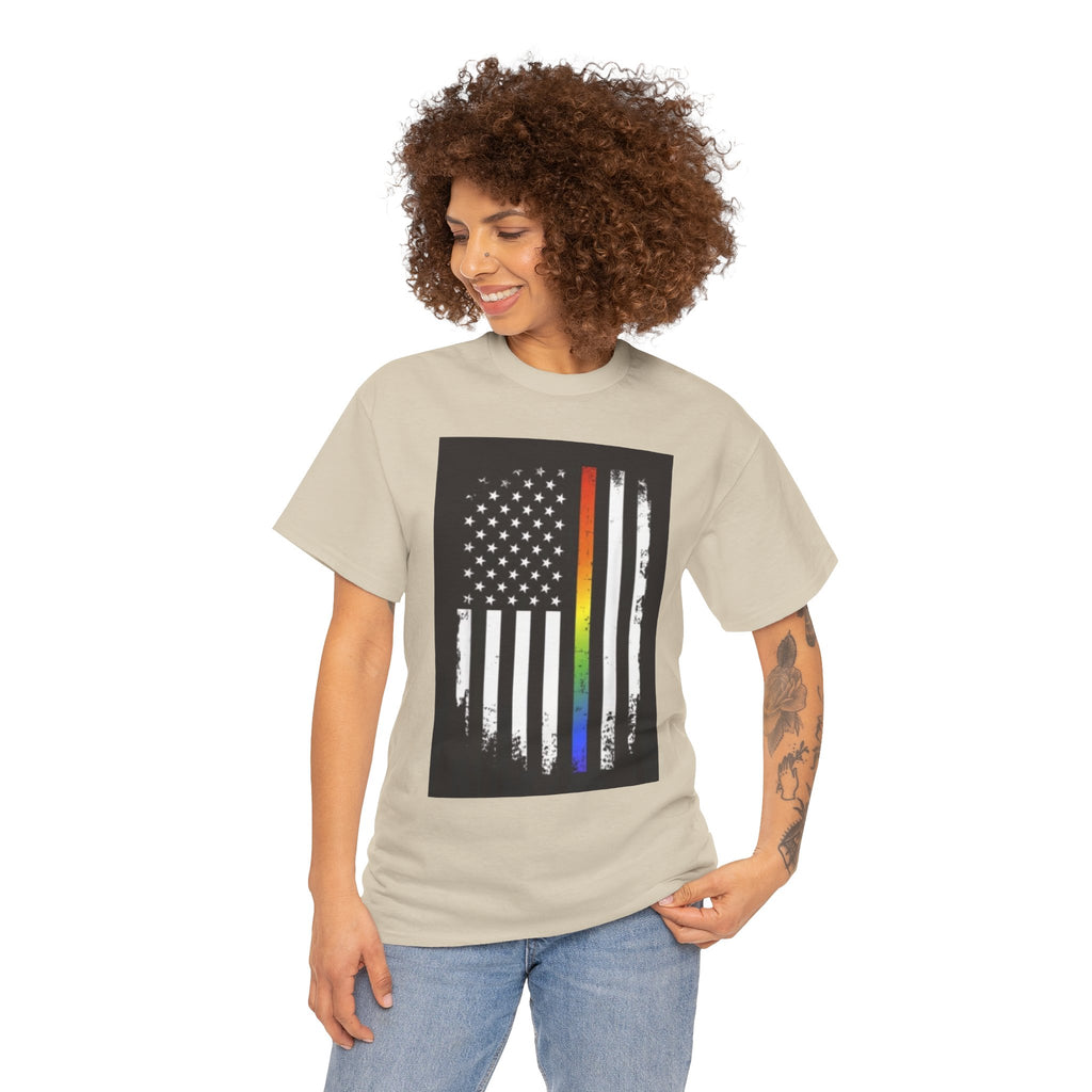 LGBTQ+ Pride Flag T‑Shirt — Distressed American Flag with Rainbow Stripe
