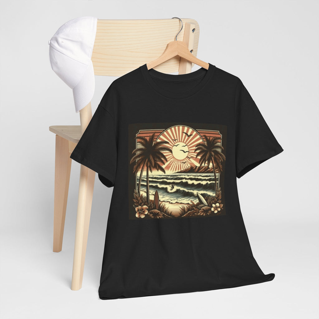 Retro Tropical Beach T-Shirt — Vintage Palm Sunset Graphic Tee