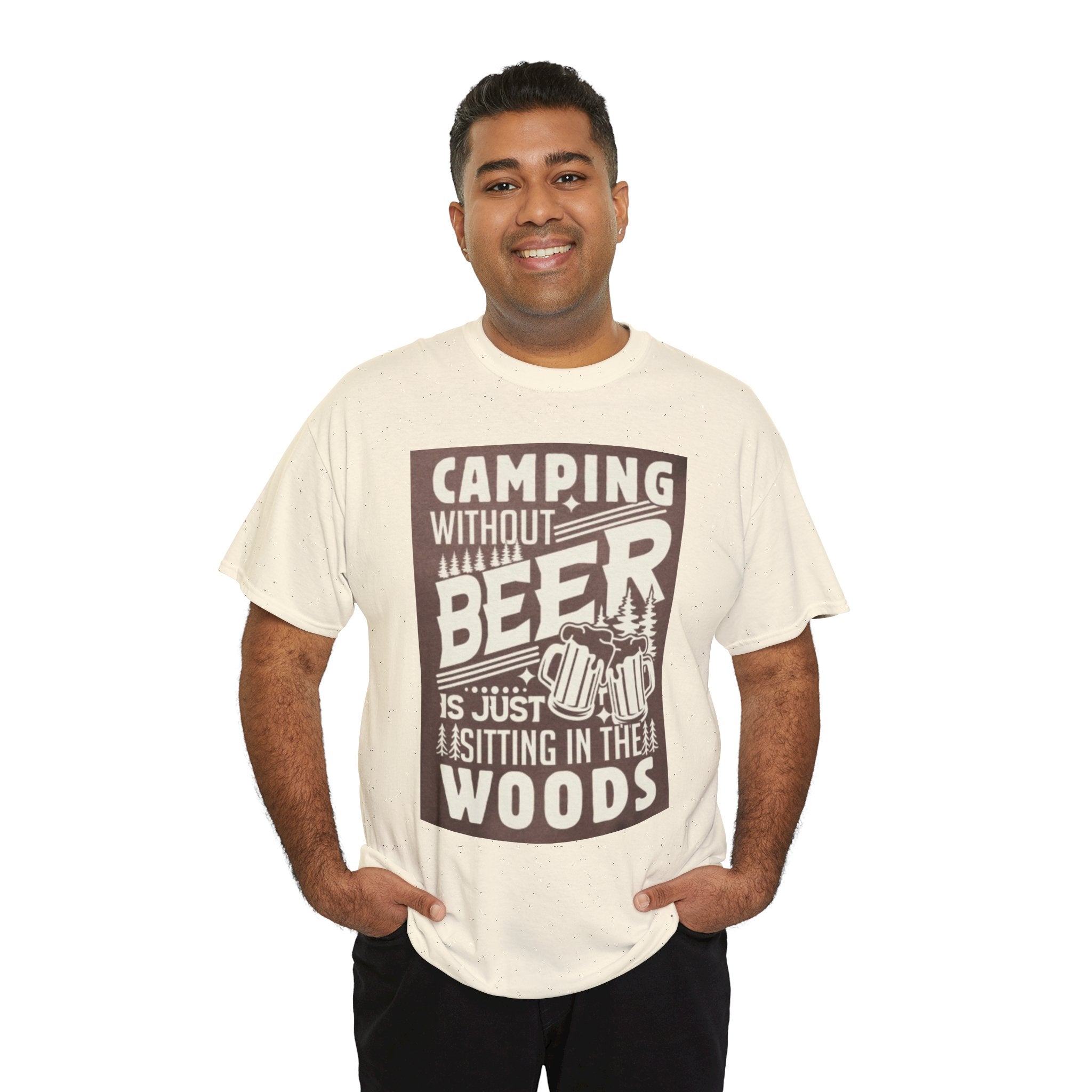 Camping Beer T-Shirt — "Camping Without Beer Is Just Sitting in the Woods" Outdoor Campfire Tee