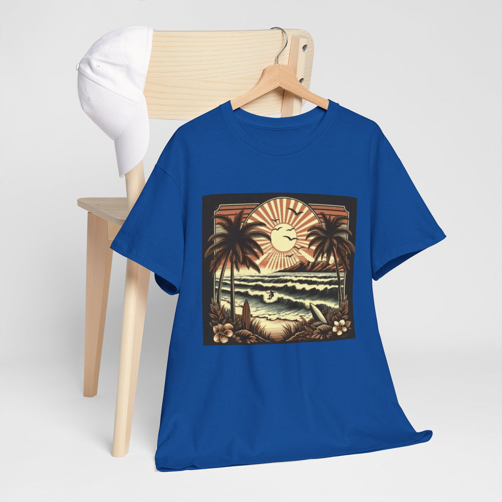 Retro Tropical Beach T-Shirt — Vintage Palm Sunset Graphic Tee