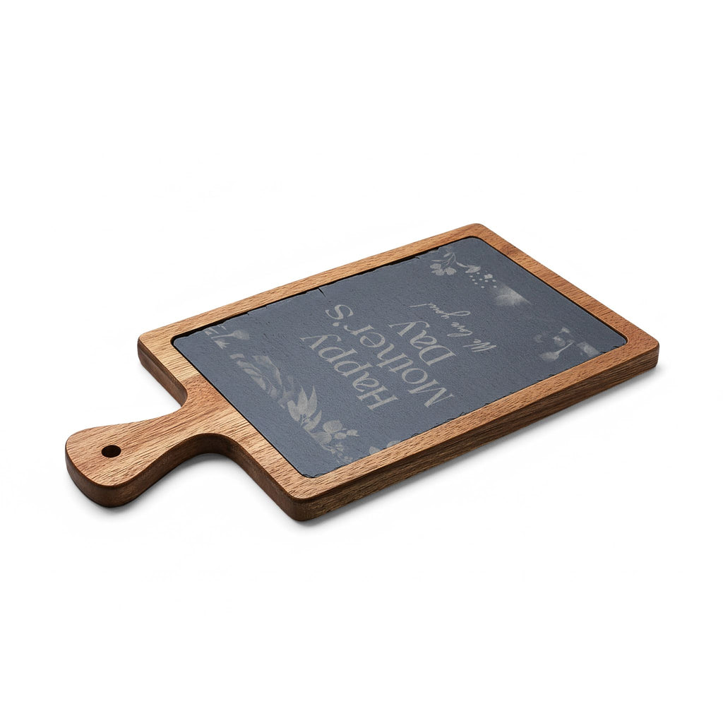 Engraved Mother's Day Charcuterie Board Set — Bamboo Cheese Board with Slate Inlay & Cheese Knives