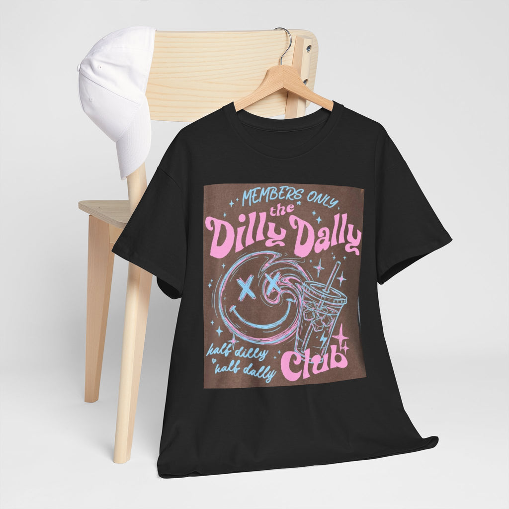 Dilly Dally Club Graphic Tee — Retro Pastel Drink & Moon Design