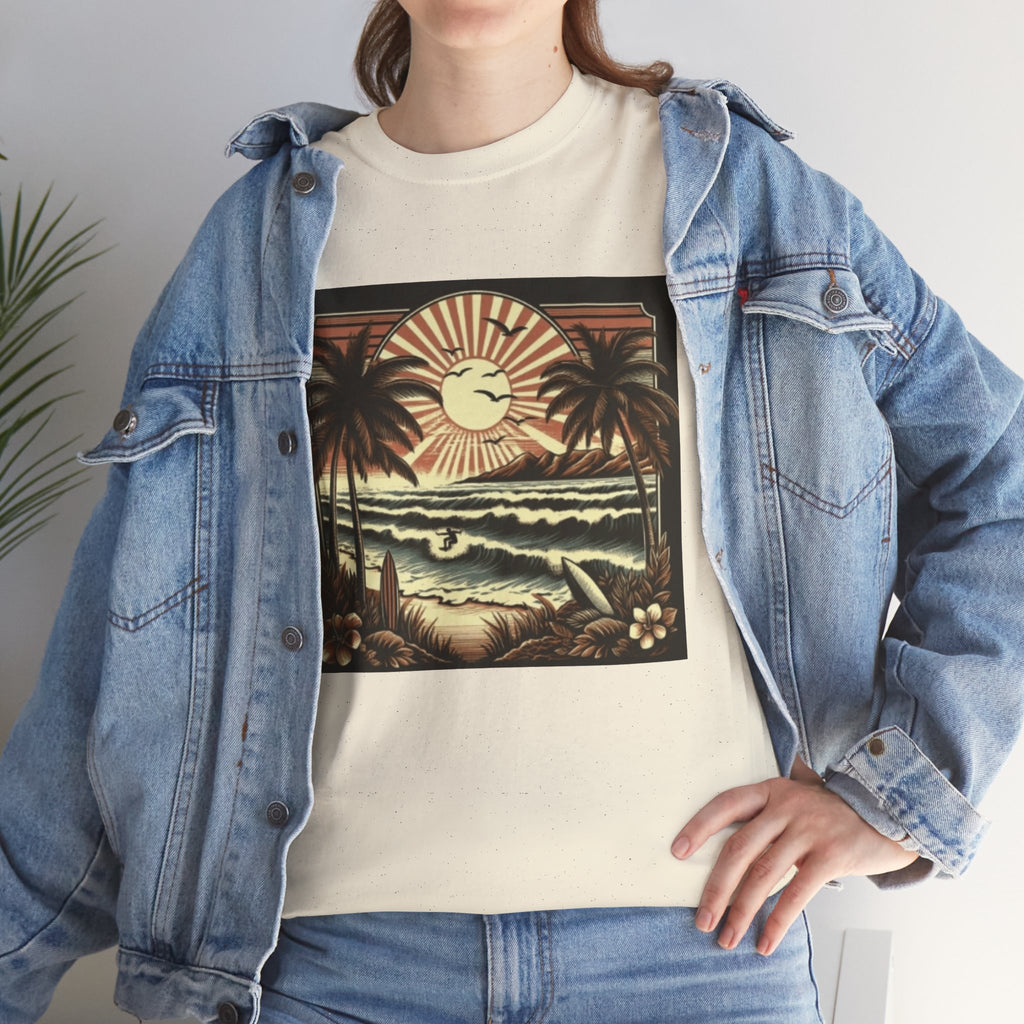 Retro Tropical Beach T-Shirt — Vintage Palm Sunset Graphic Tee