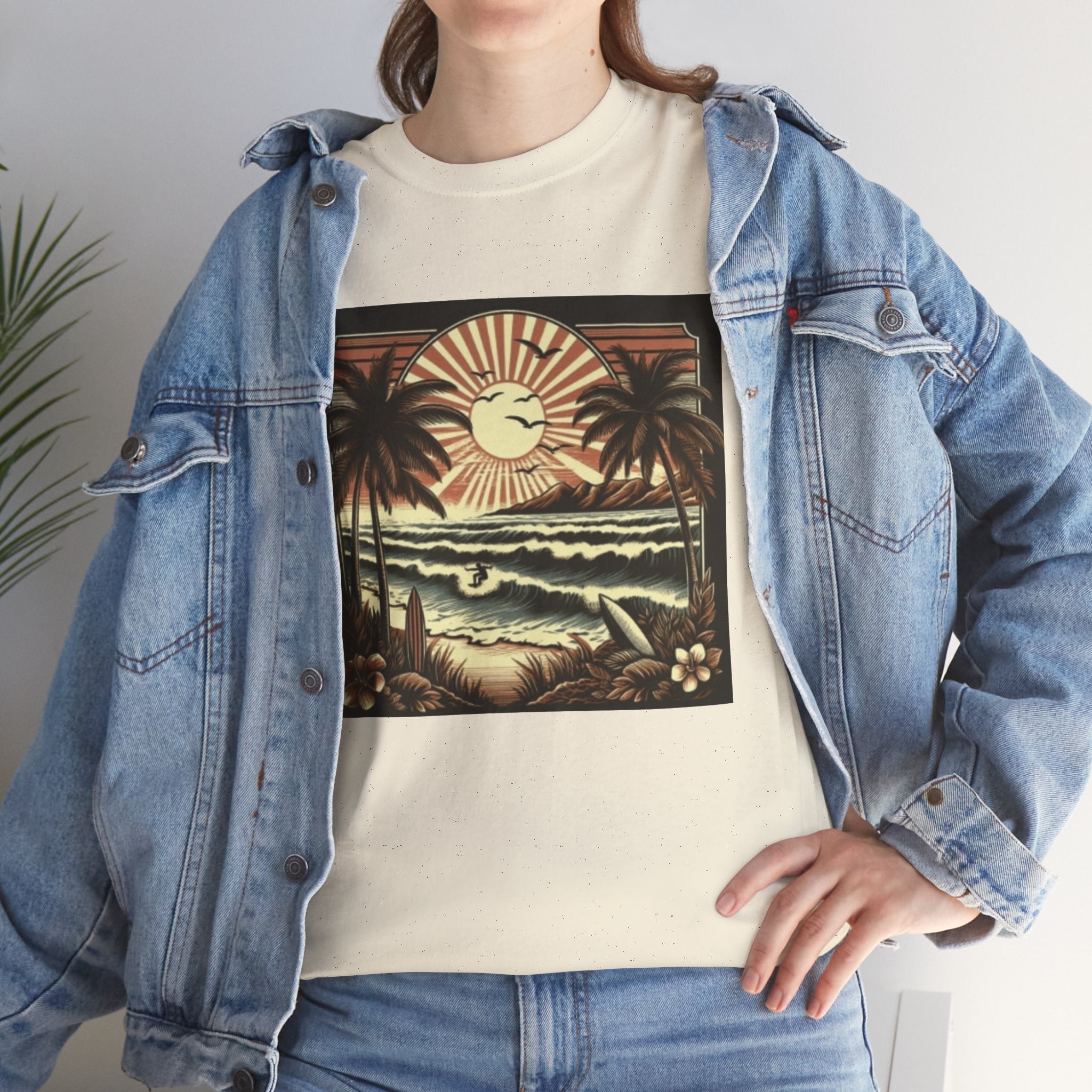 Retro Tropical Beach T-Shirt — Vintage Palm Sunset Graphic Tee