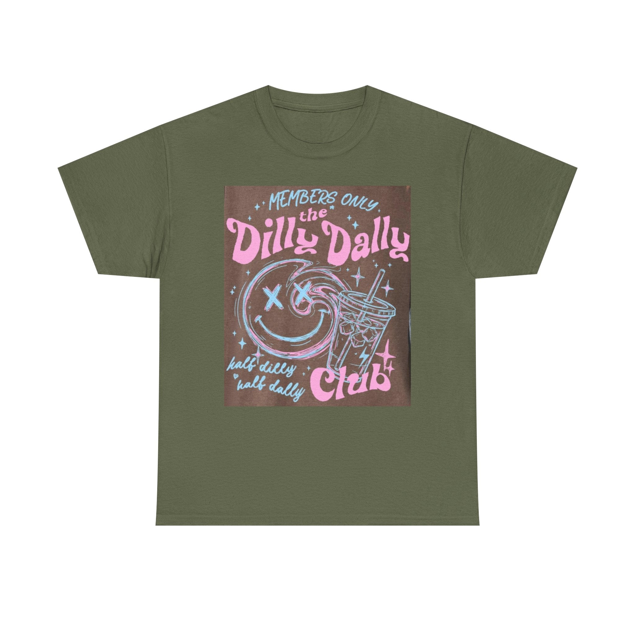 Dilly Dally Club Graphic Tee — Retro Pastel Drink & Moon Design