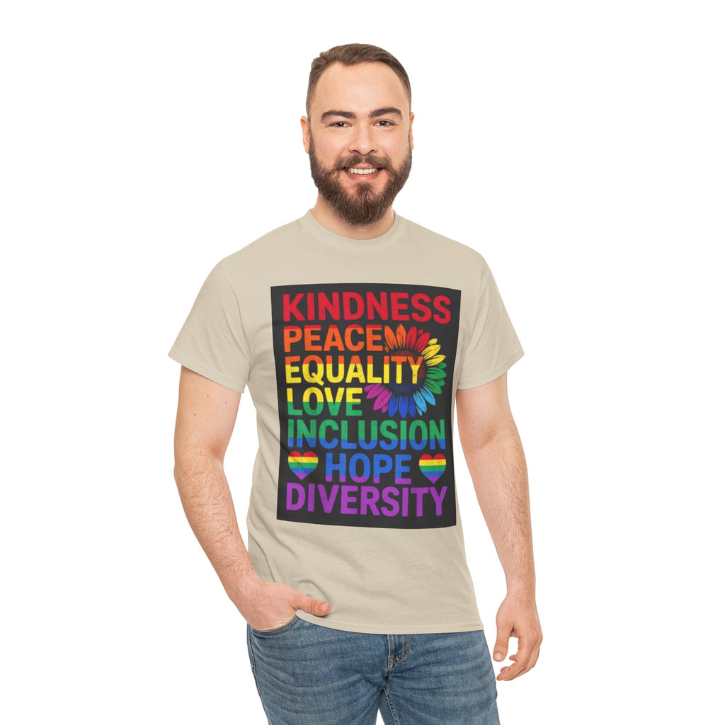 Kindness Peace Equality Rainbow T-Shirt — Pride Inclusion & Diversity Tee