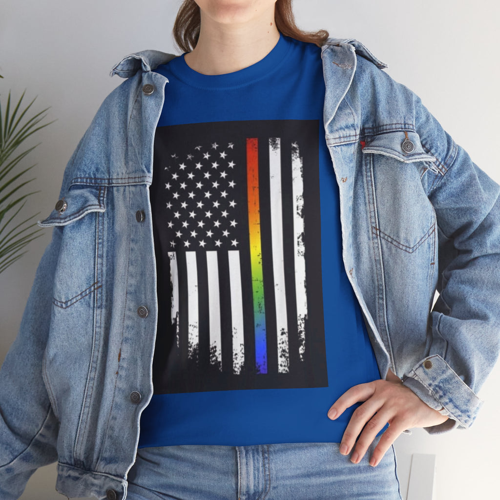 LGBTQ+ Pride Flag T‑Shirt — Distressed American Flag with Rainbow Stripe