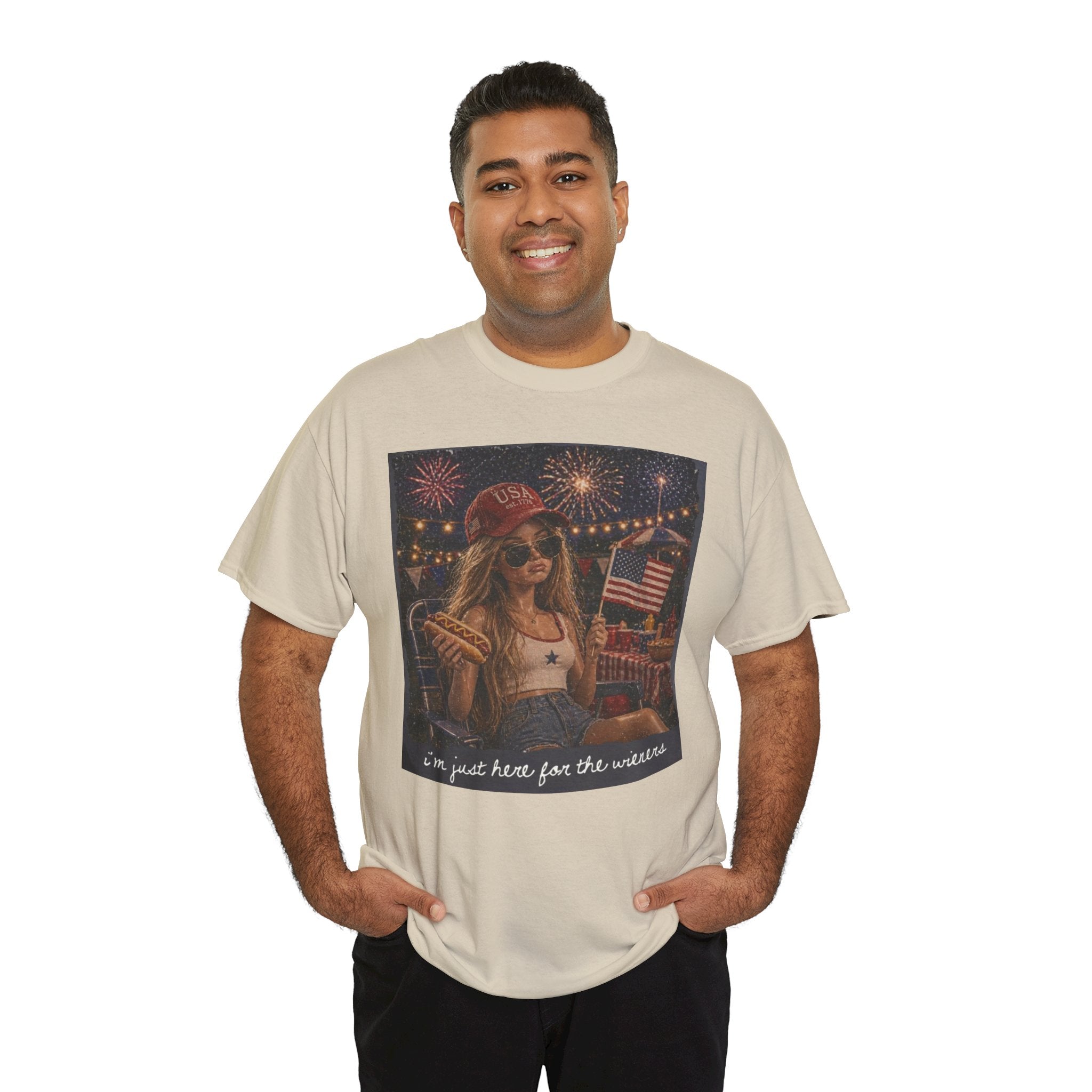 Patriotic Girl Graphic Tee — "I'm Just Here for the Fireworks" 4th of July Shirt