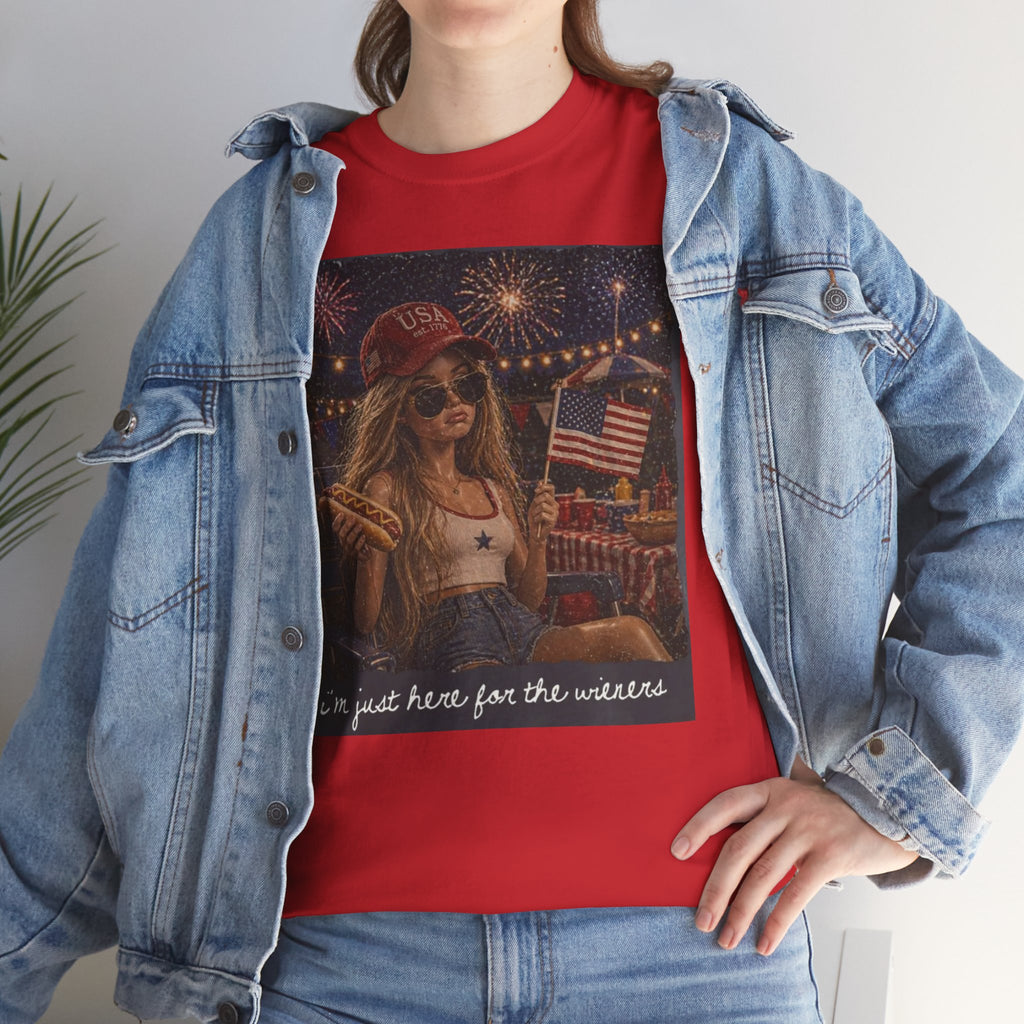 Patriotic Girl Graphic Tee — "I'm Just Here for the Fireworks" 4th of July Shirt