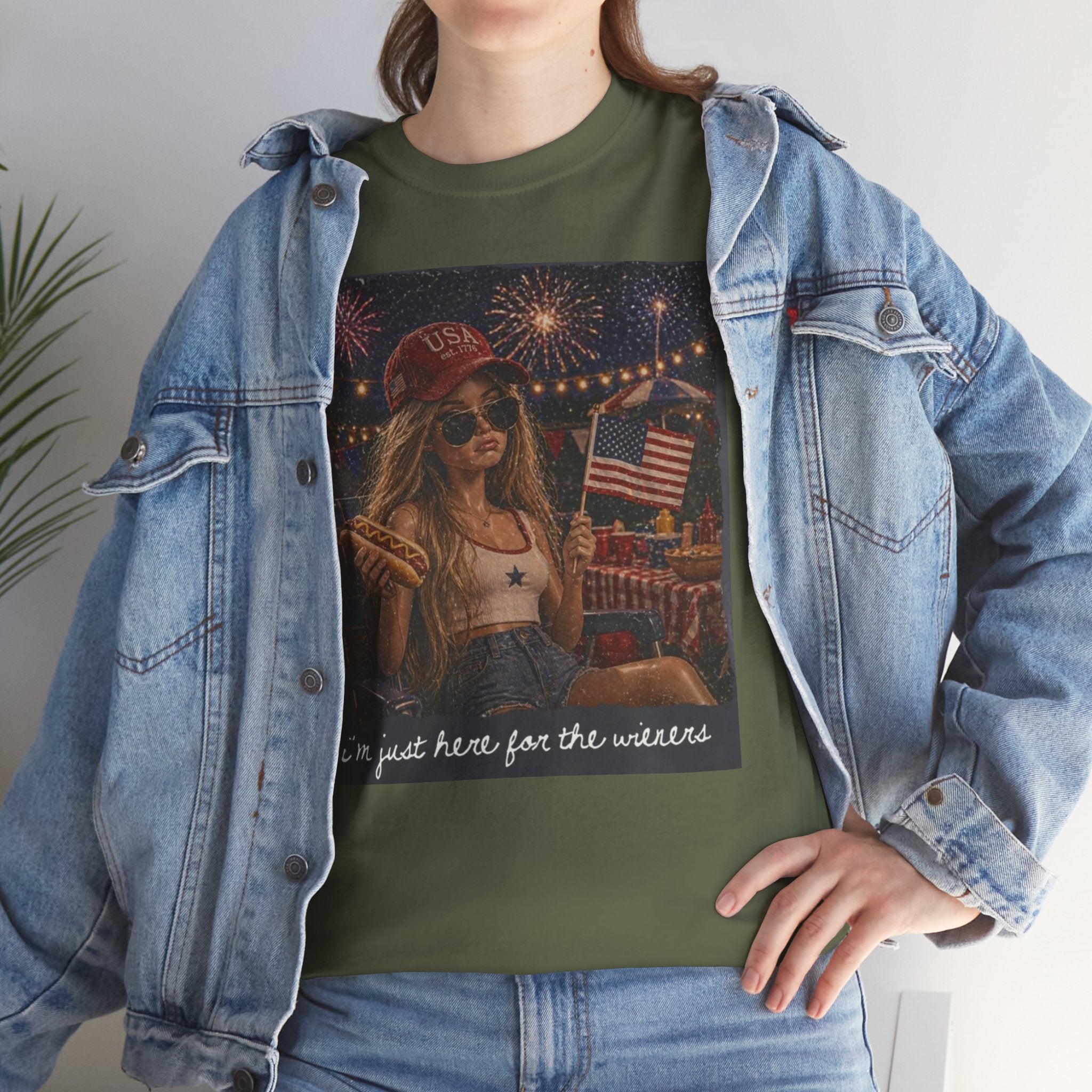 Patriotic Girl Graphic Tee — "I'm Just Here for the Fireworks" 4th of July Shirt