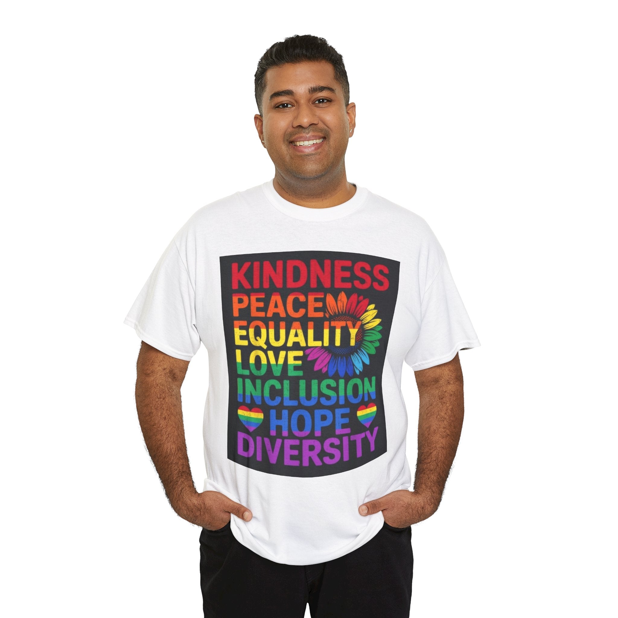 Kindness Peace Equality Rainbow T-Shirt — Pride Inclusion & Diversity Tee