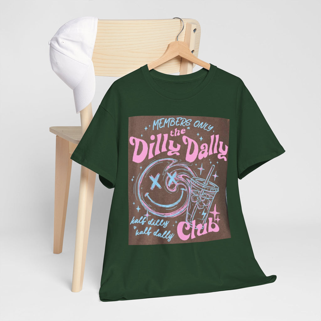 Dilly Dally Club Graphic Tee — Retro Pastel Drink & Moon Design