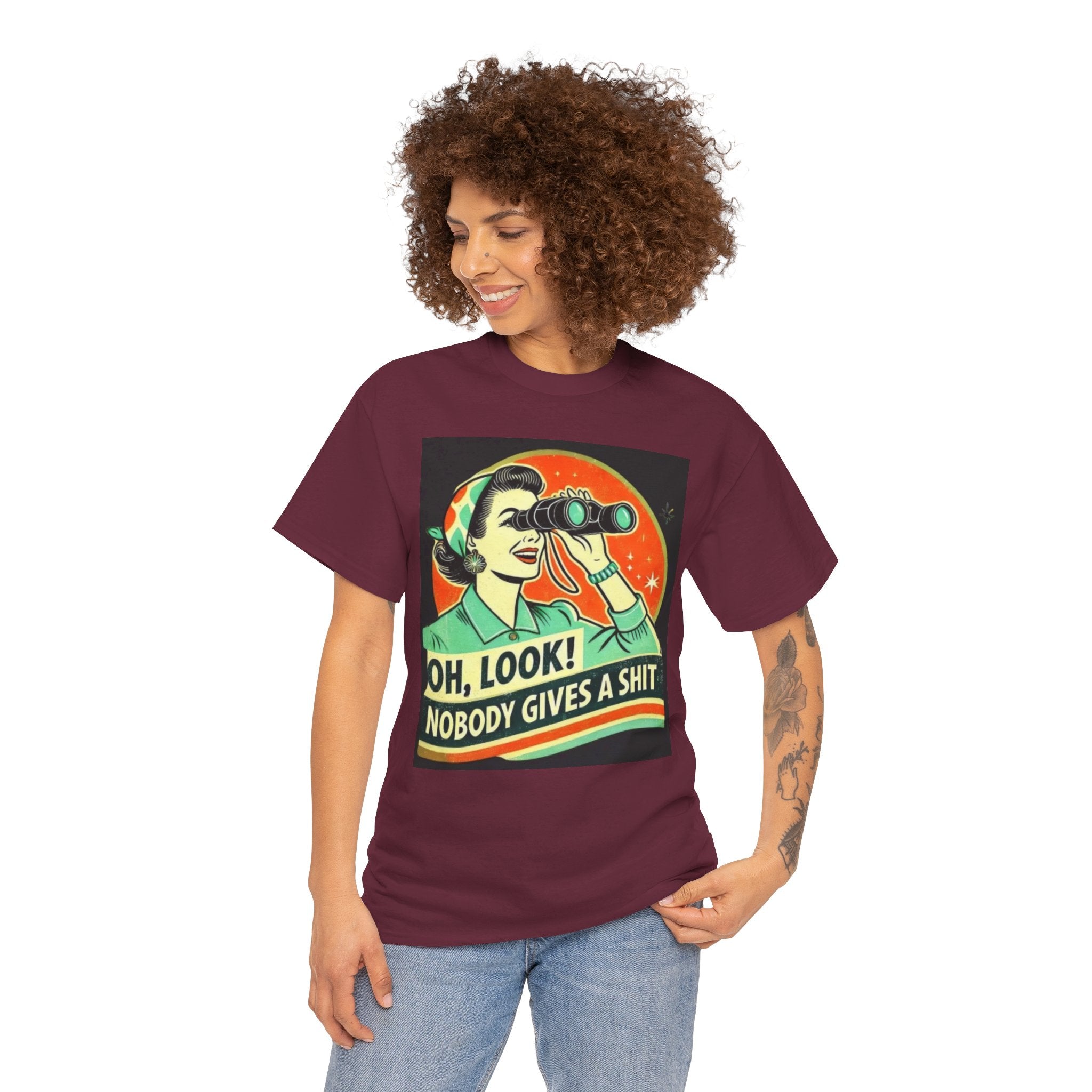 Graphic Tee — "Oh, Look! Nobody Gives a Shit" Retro Binoculars Design