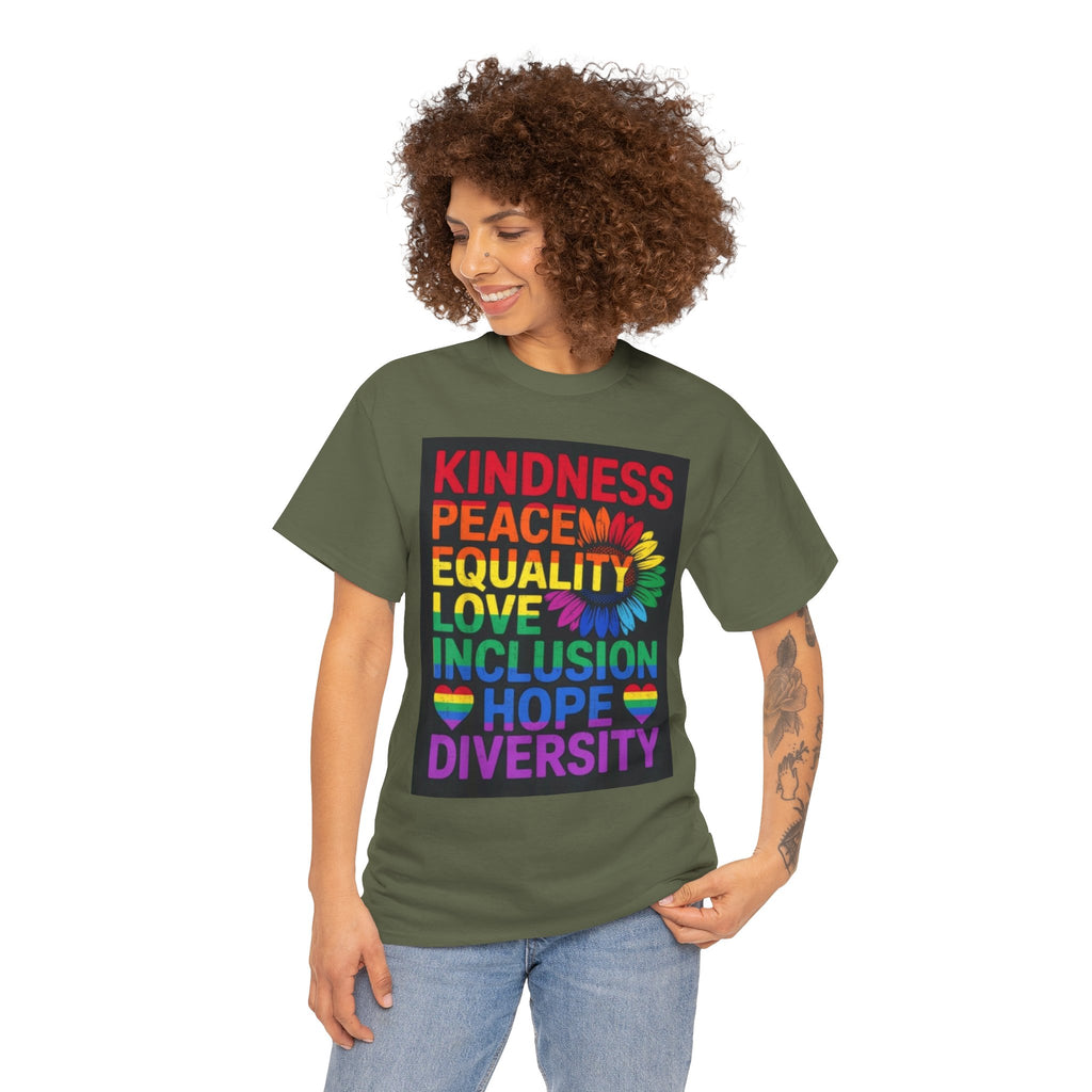 Kindness Peace Equality Rainbow T-Shirt — Pride Inclusion & Diversity Tee