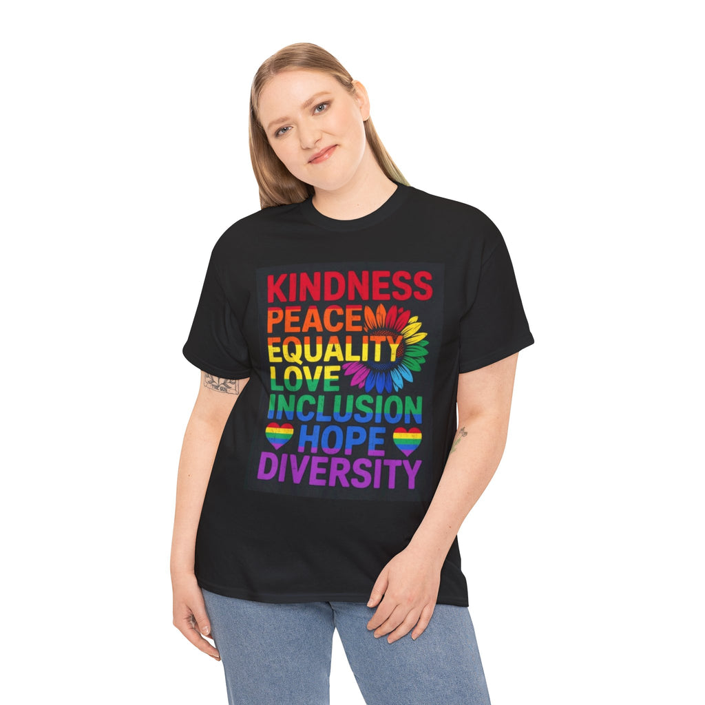 Kindness Peace Equality Rainbow T-Shirt — Pride Inclusion & Diversity Tee