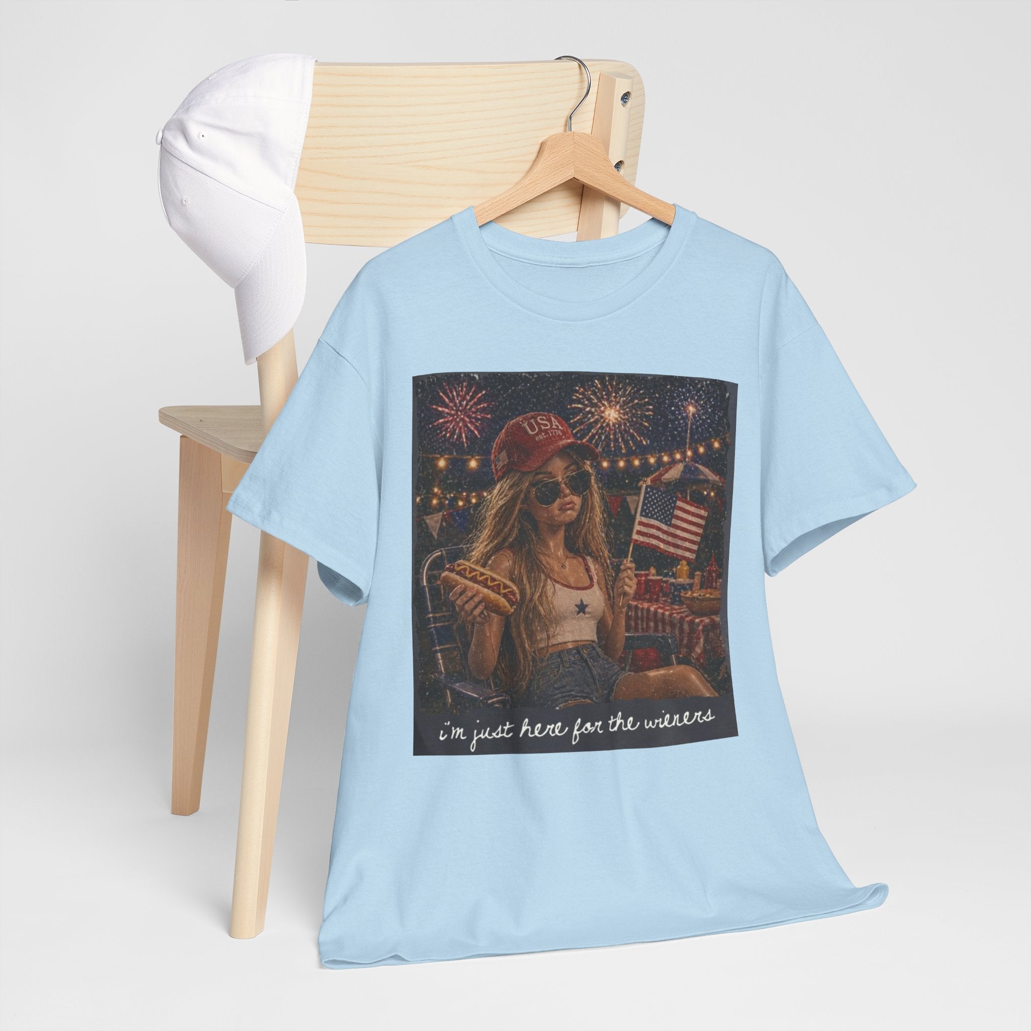 Patriotic Girl Graphic Tee — "I'm Just Here for the Fireworks" 4th of July Shirt