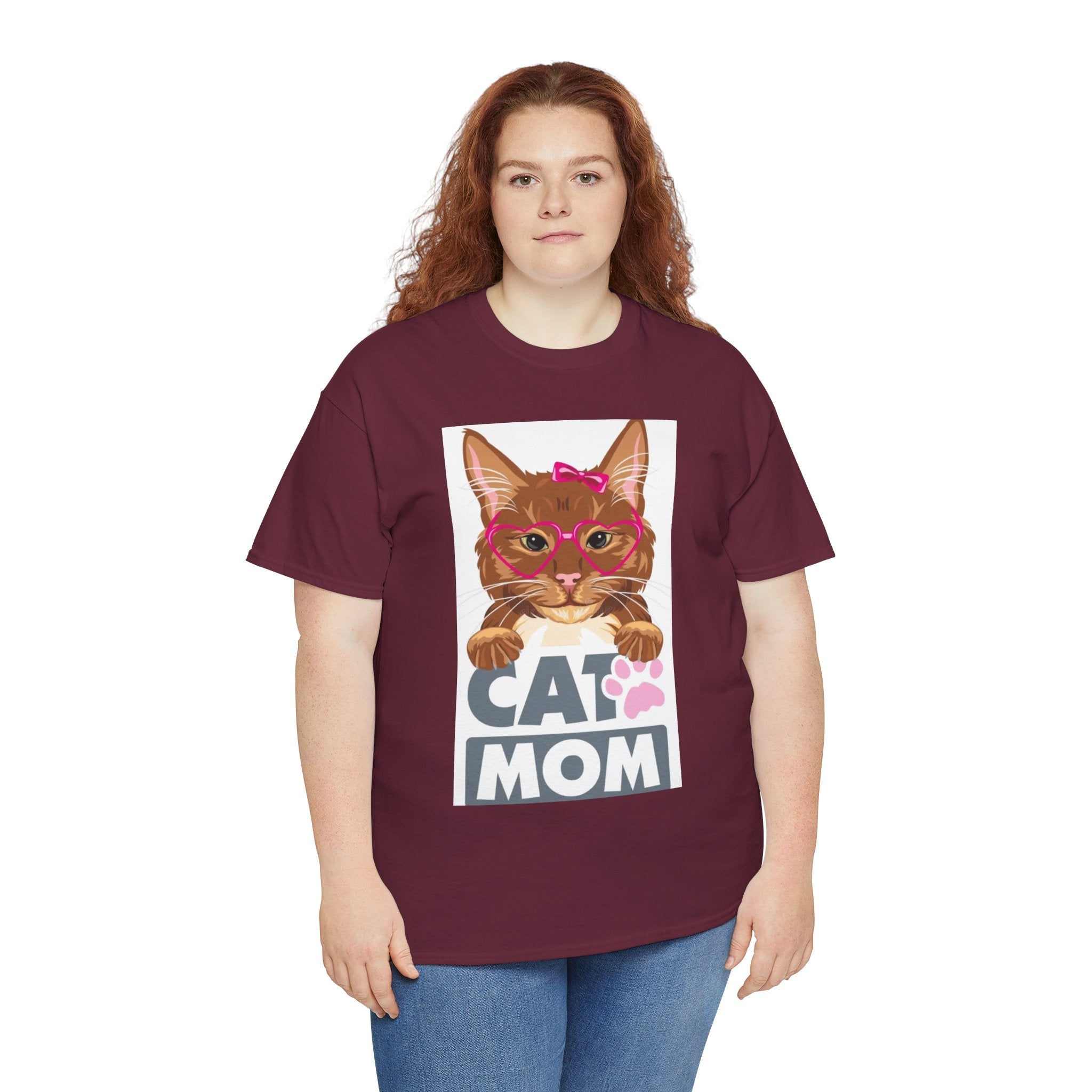 Cat Mom T-Shirt — Cute Cat Face Graphic Tee with "CAT MOM" Paw Print
