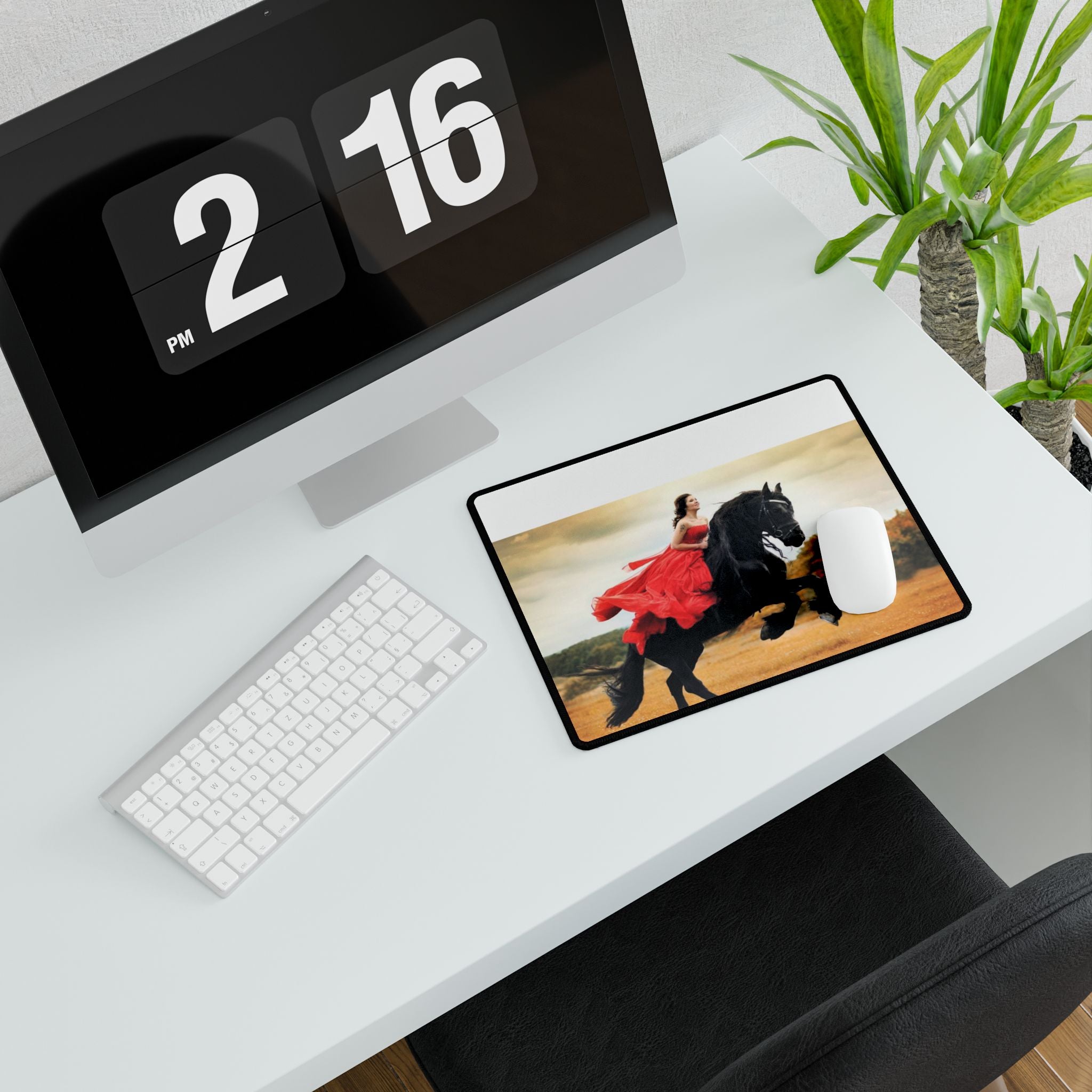 Equestrian Fantasy Desk Mat — Woman in Red on Black Stallion