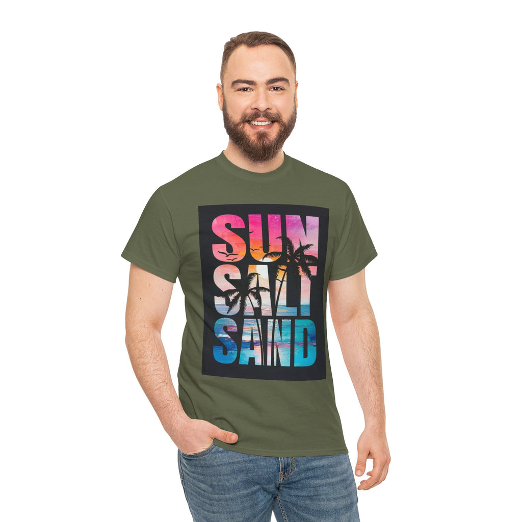 Sun Salt Sand Beach T-Shirt — Tropical Palm Sunset Graphic Tee