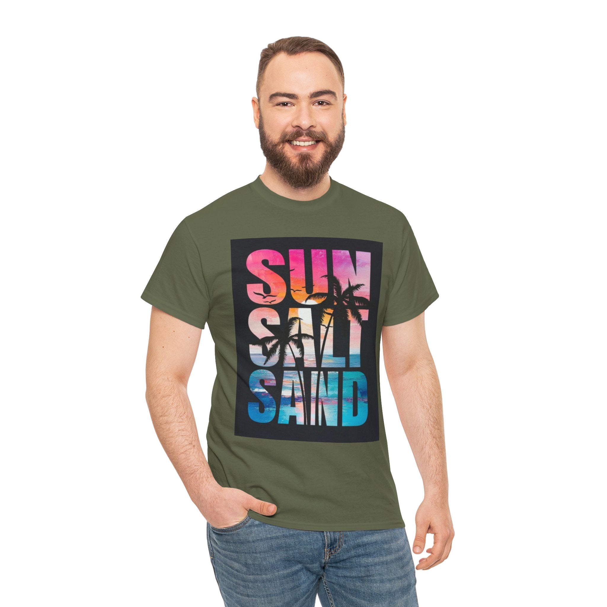Sun Salt Sand Beach T-Shirt — Tropical Palm Sunset Graphic Tee